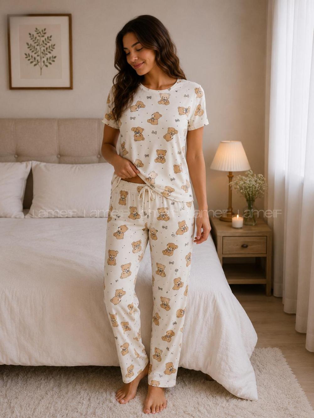Lamelif Kadın Bisiklet Yaka Ayıcık Desenli Pijama Takımı