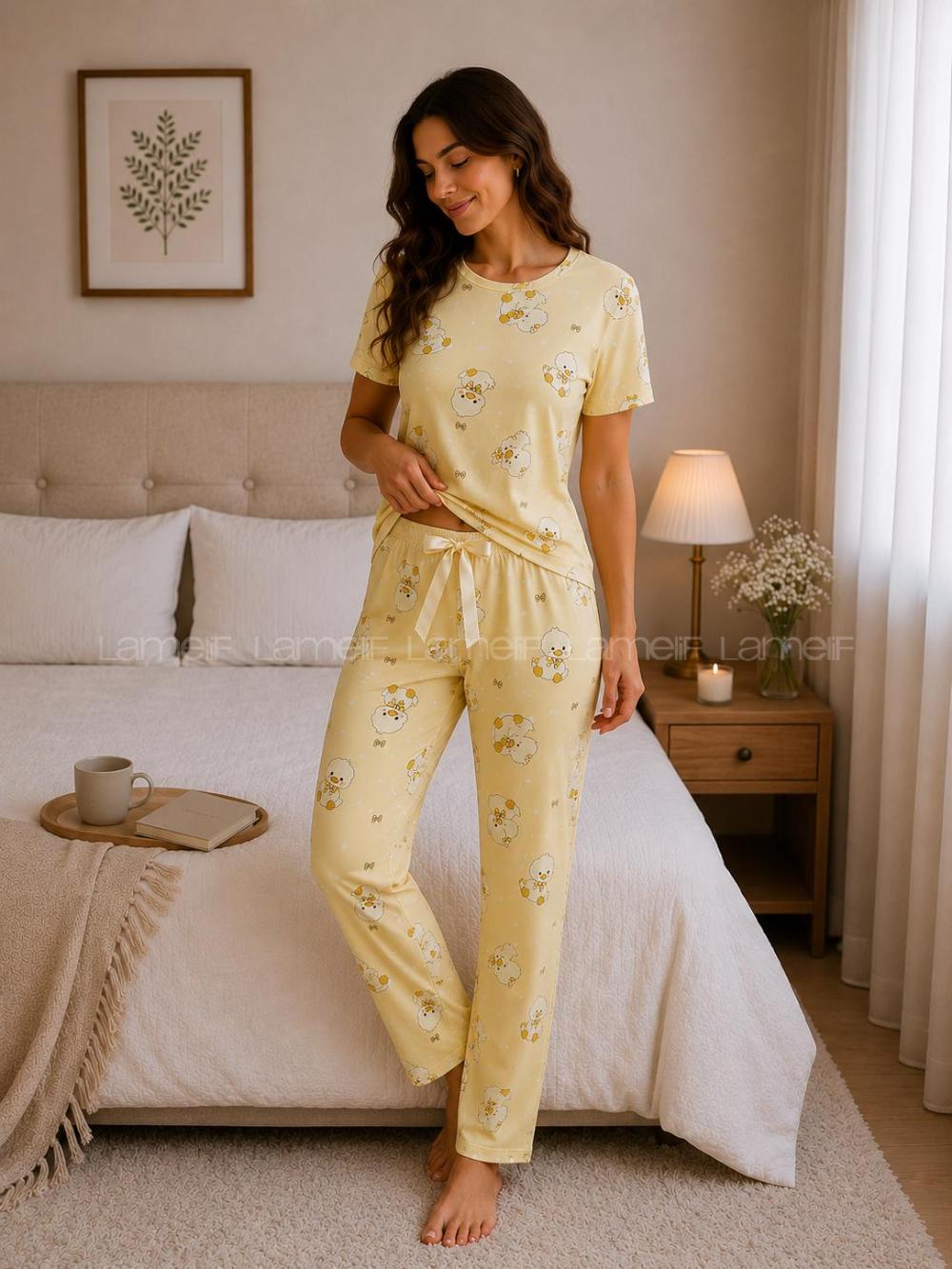 Lamelif Kadın Bisiklet Yaka Ayıcık Desenli Pijama Takımı