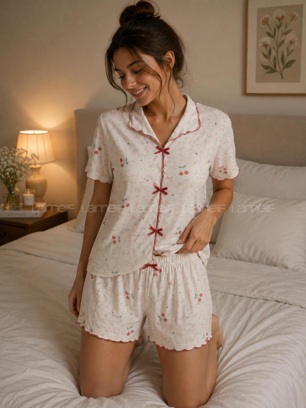 Lamelif Kadın Kiraz Desenli Milan Kumaş Kısa Kollu Özel Yaka Şortlu Kadın Pijama Takımı