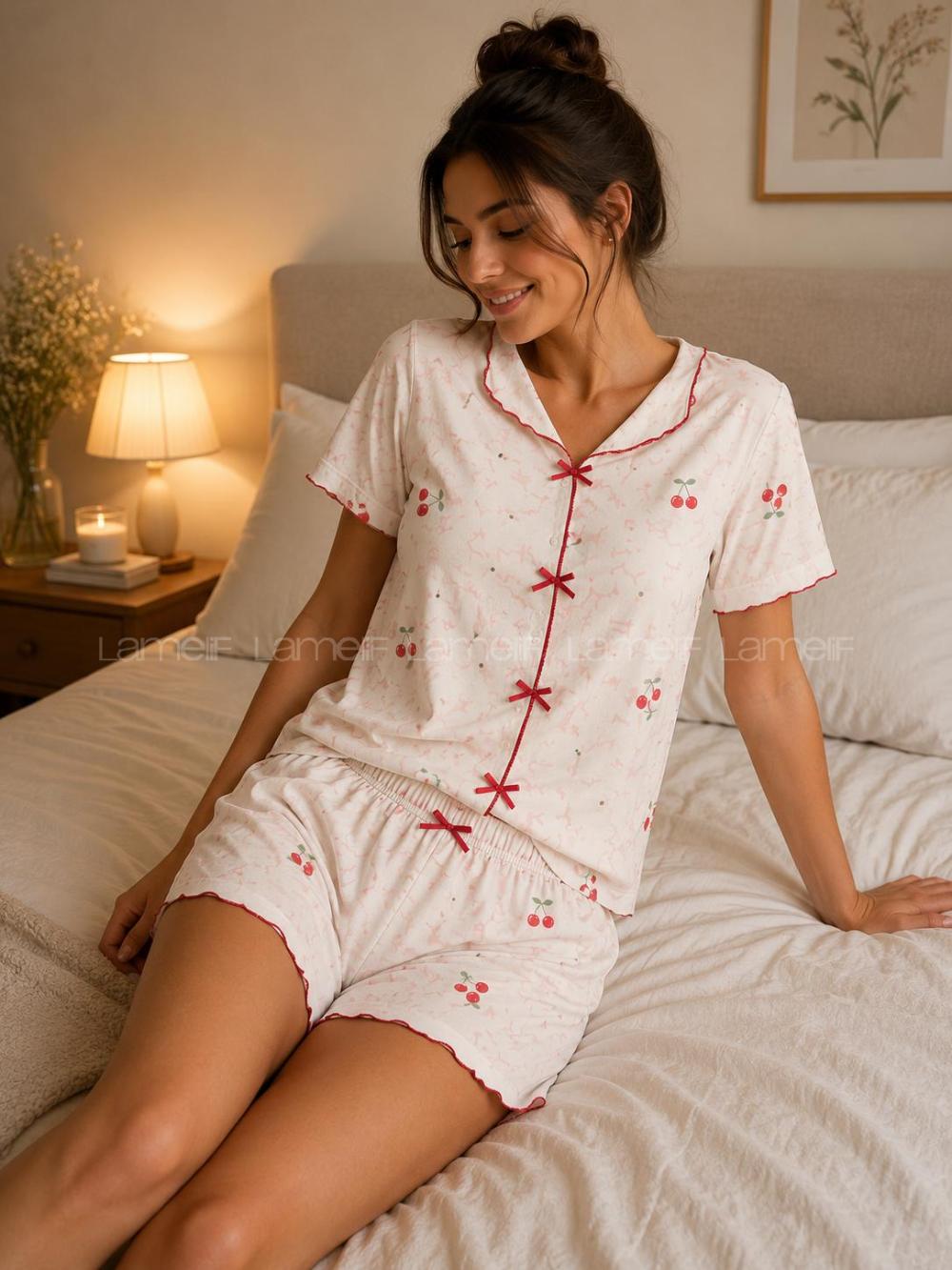Lamelif Kadın Kiraz Desenli Milan Kumaş Kısa Kollu Özel Yaka Şortlu Kadın Pijama Takımı