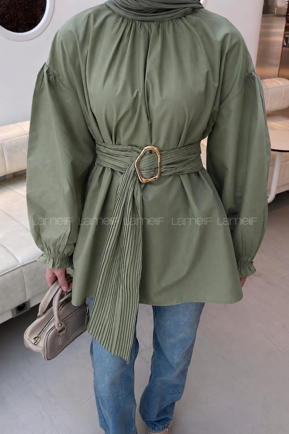 Khaki Crew Neck Cotton Fabric Unprinted Tunic