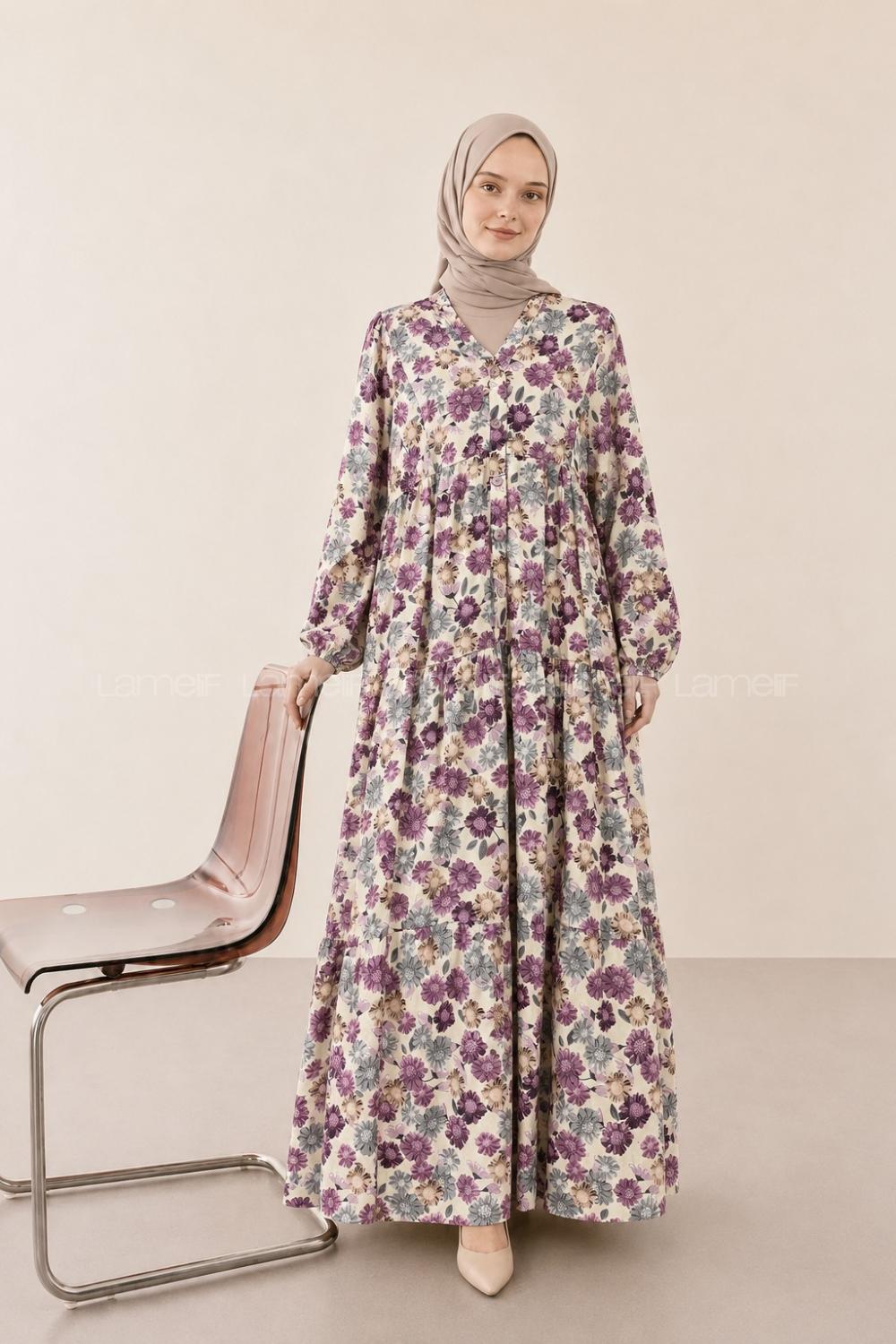 Purble V Neck Cotton Polyester Printed Dresess