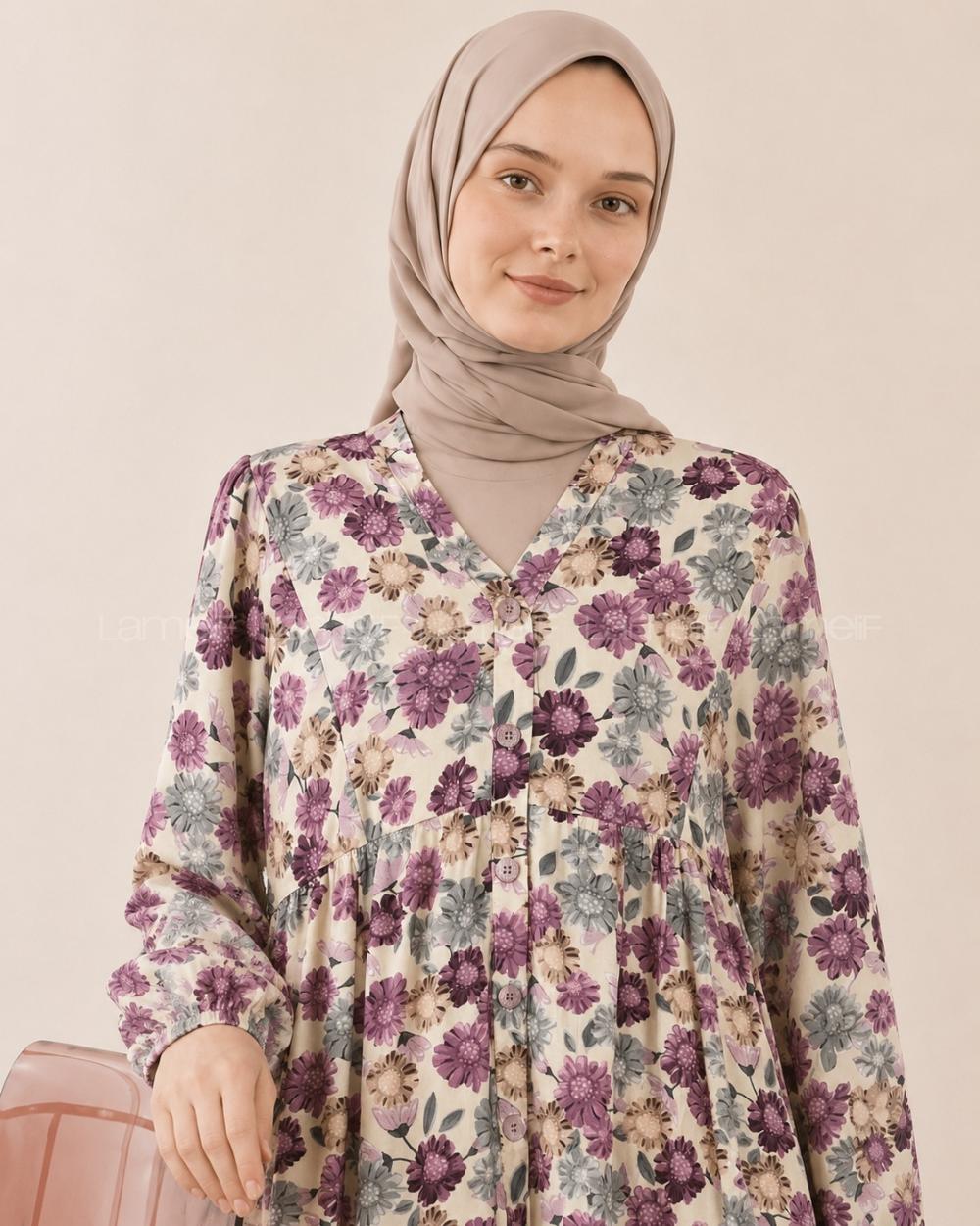 Purble V Neck Cotton Polyester Printed Dresess