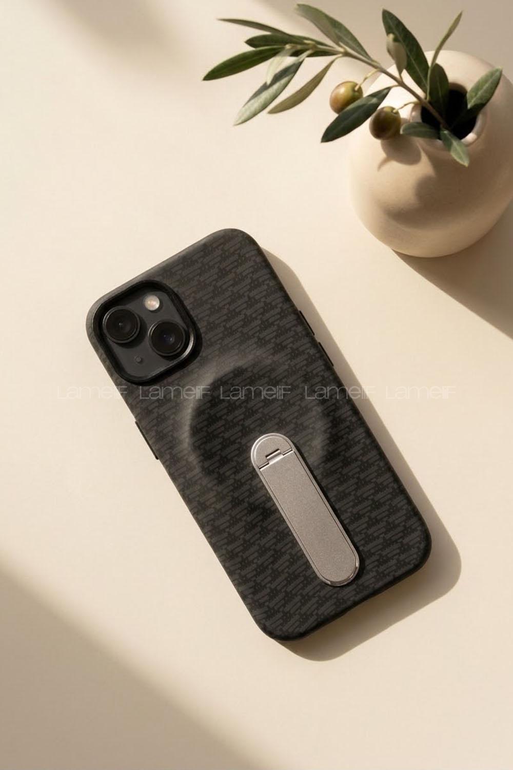 Lamelif iPhone 13/14 Carbon 360 Dönebilen Standlı Magsafe Telefon Kılıfı
