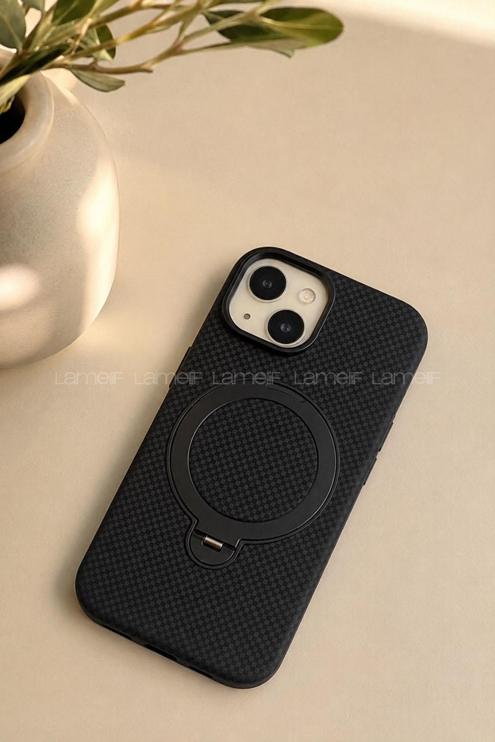 Lamelif iPhone 15 Elite Carbon 360 Dönebilen Standlı Magsafe Telefon Kılıfı