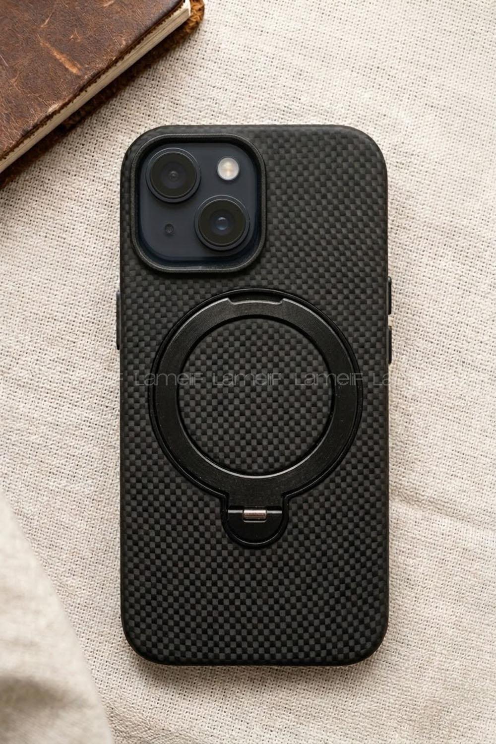 Lamelif iPhone 15 Elite Carbon 360 Dönebilen Standlı Magsafe Telefon Kılıfı