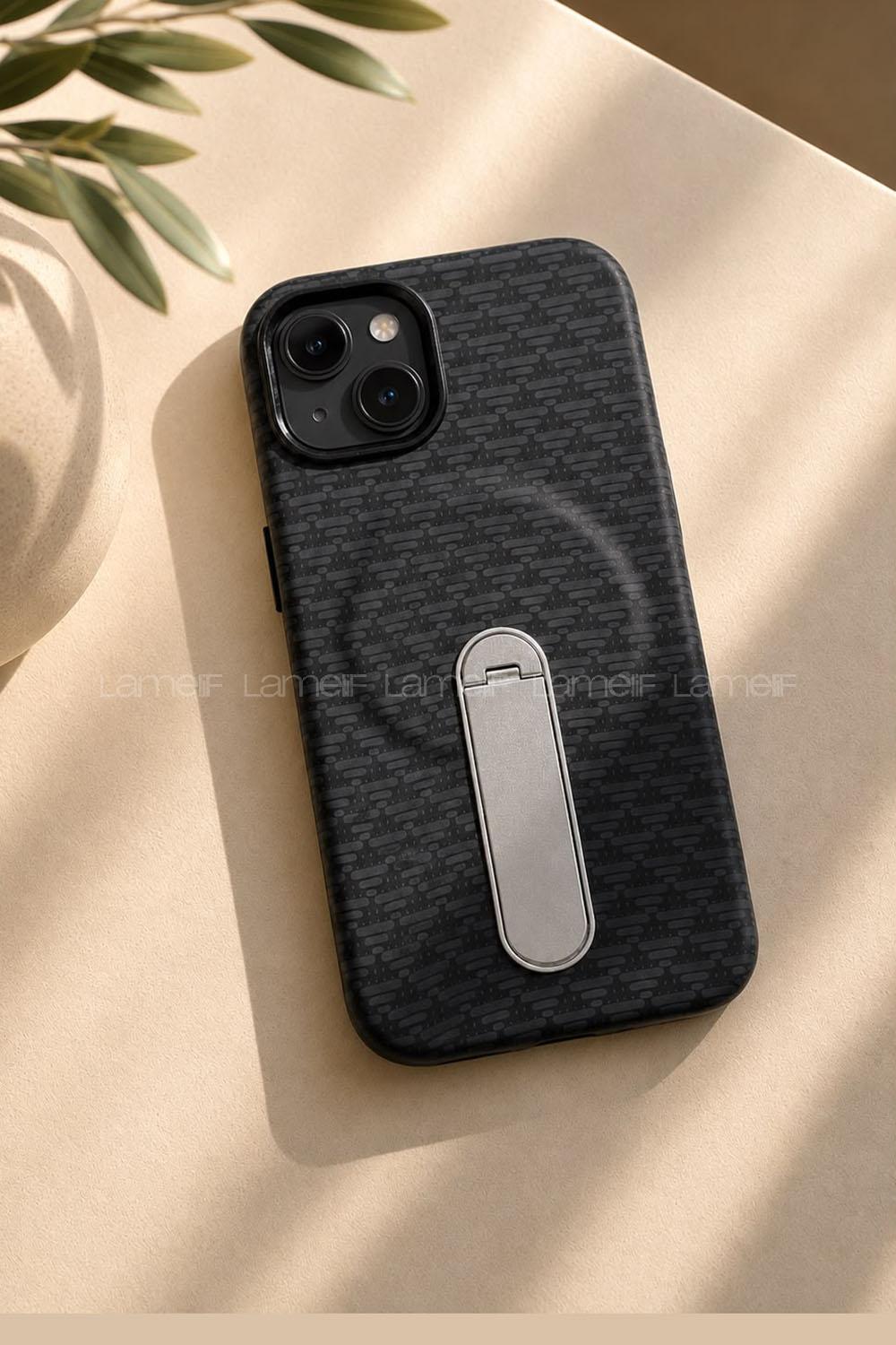 Lamelif iPhone 15 Elite Carbon 360 Dönebilen Standlı Magsafe Telefon Kılıfı