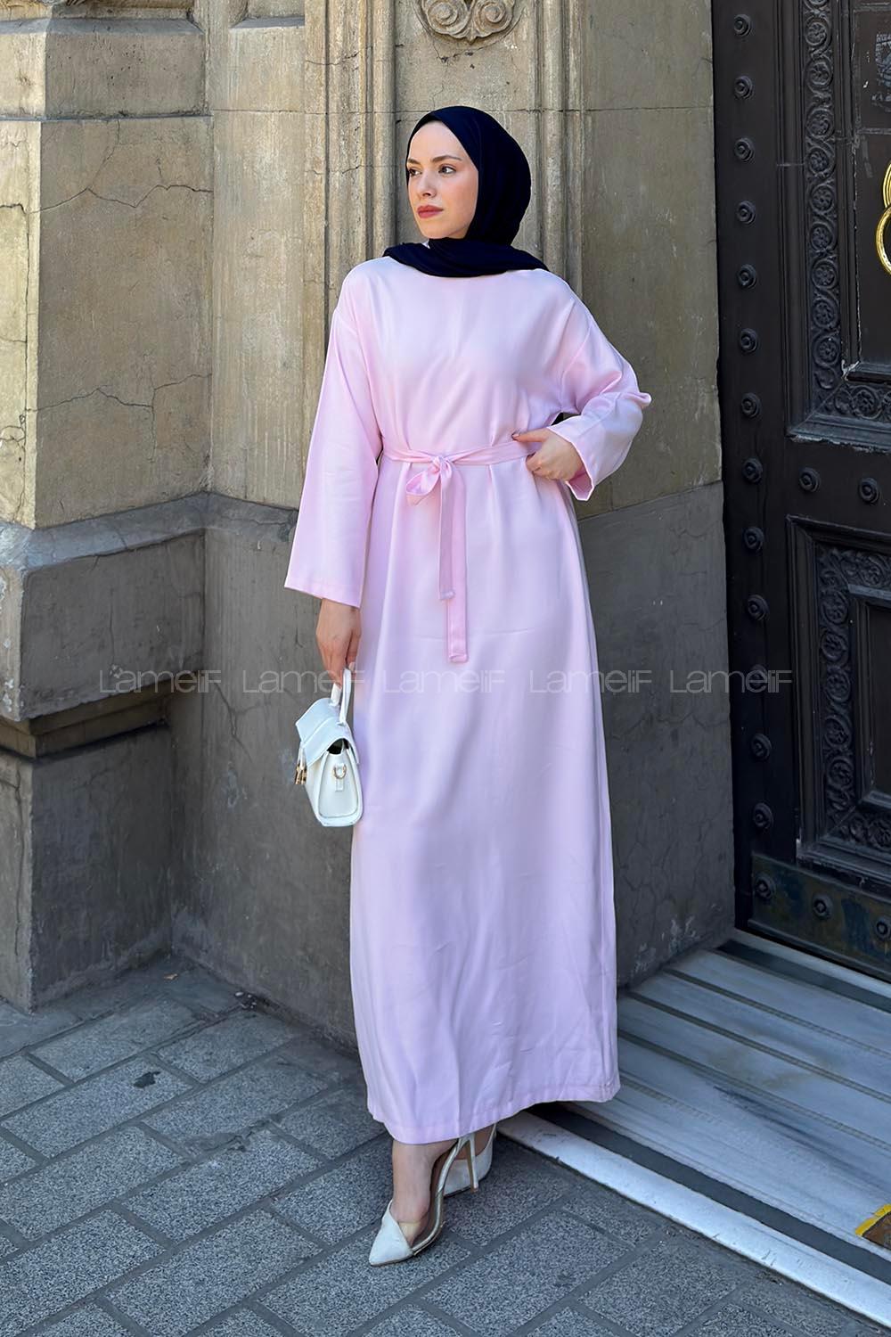 Lamelif Kuşaklı Dokuma Elbise Şeker Pembesi