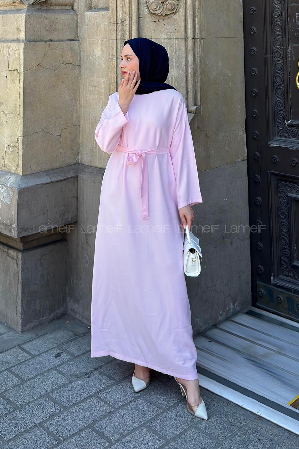 Lamelif Kuşaklı Dokuma Elbise Şeker Pembesi
