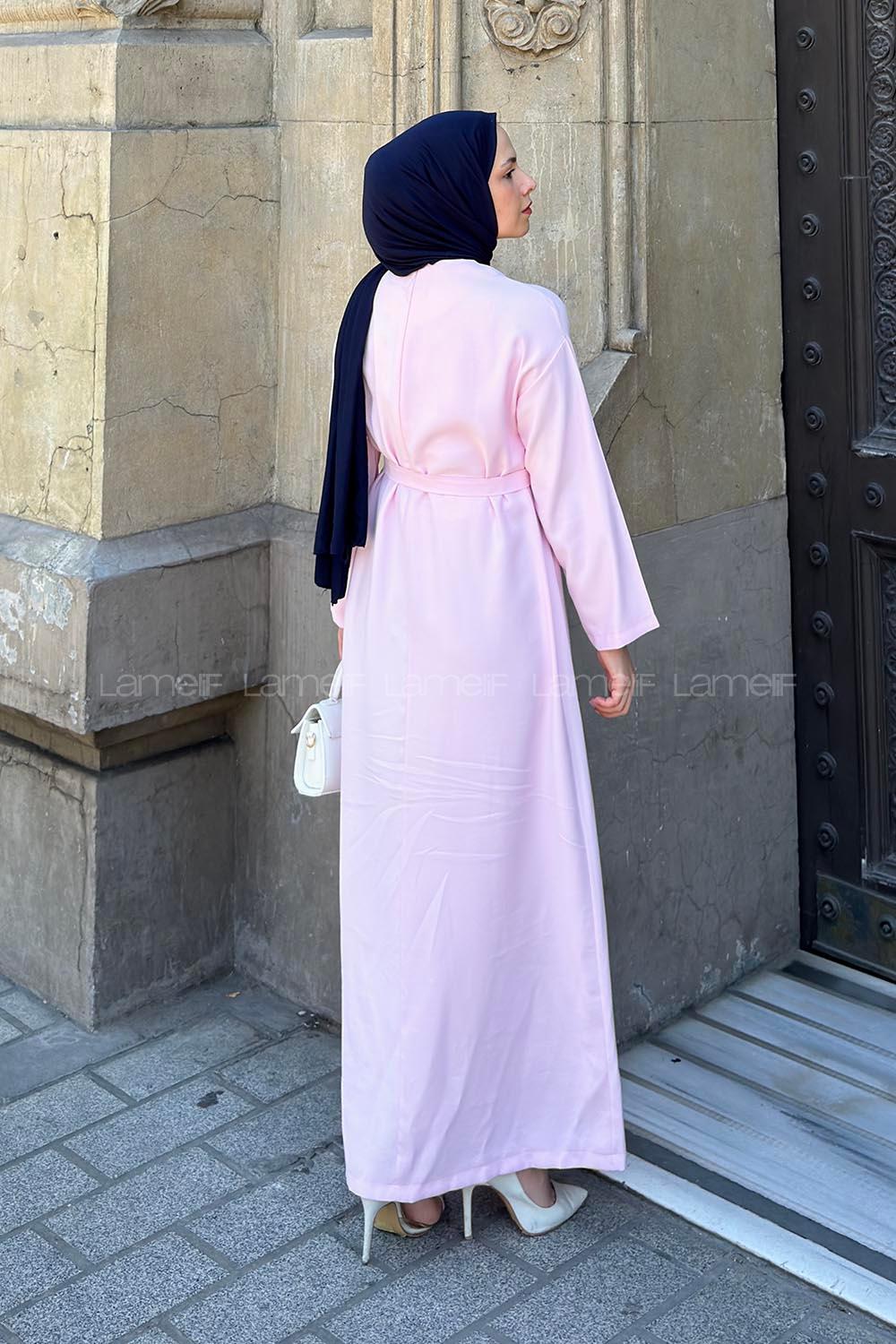 Lamelif Kuşaklı Dokuma Elbise Şeker Pembesi