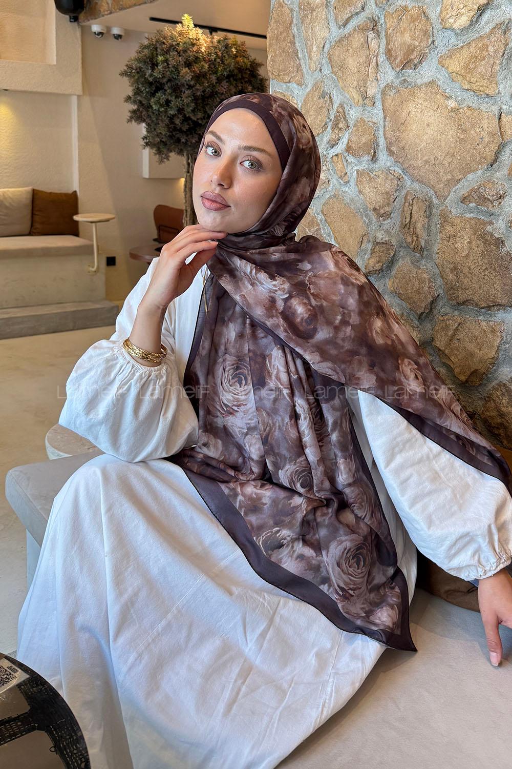 Lamelif  Botanik Çiçek Desen Lara Soft Şal Acı Kahve