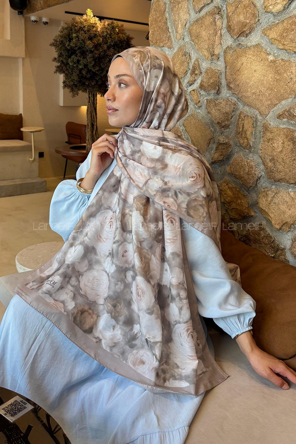 Lamelif  Botanik Çiçek Desen Lara Soft Şal Antik Bej