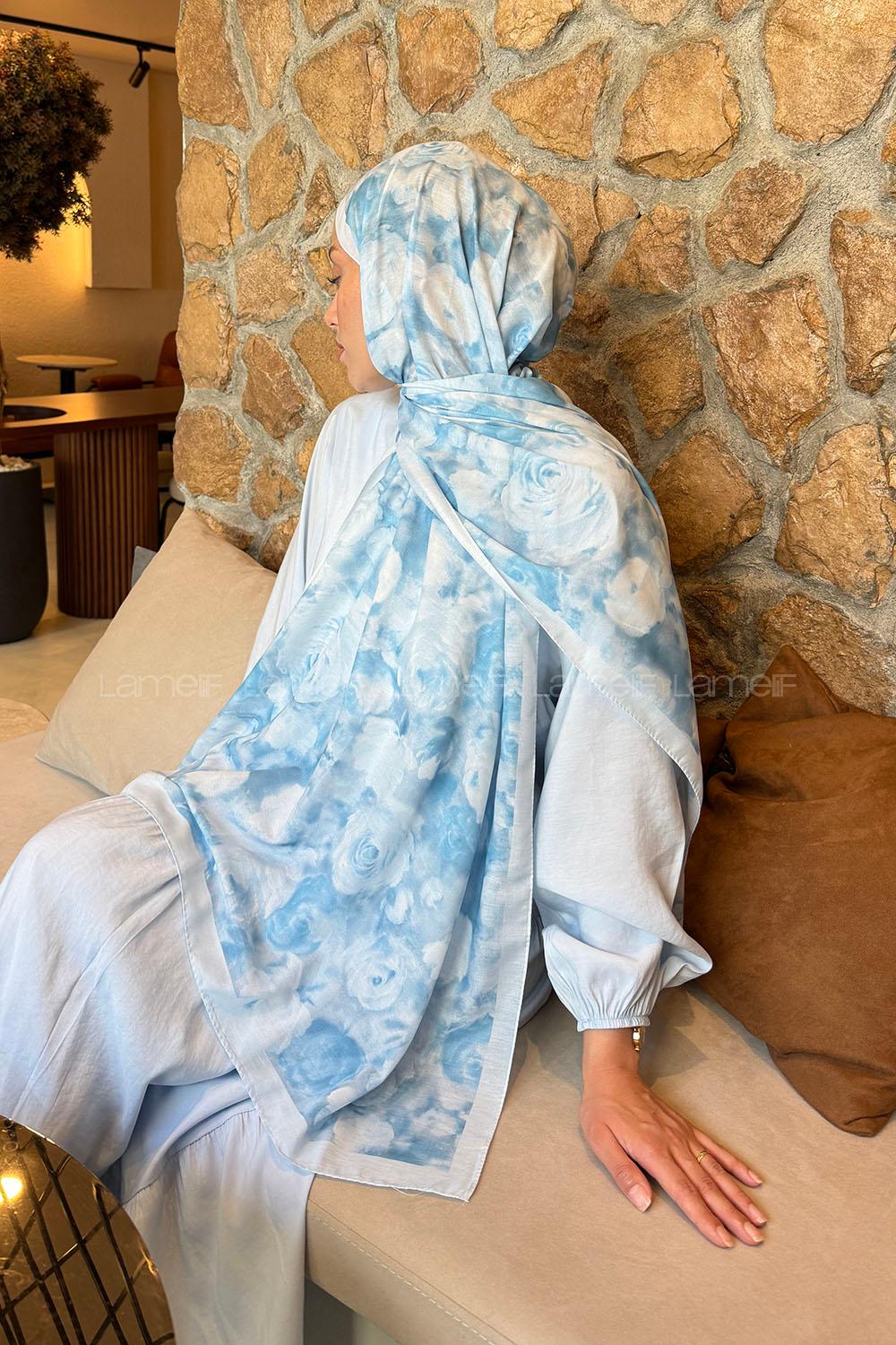 Lamelif  Botanik Çiçek Desen Lara Soft Şal Bebe Mavisi