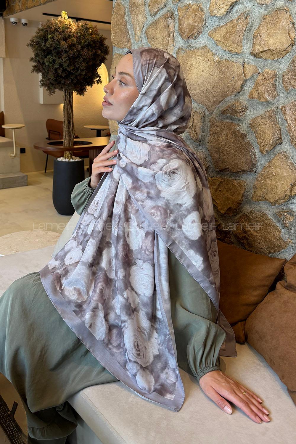 Lamelif  Botanik Çiçek Desen Lara Soft Şal Gri
