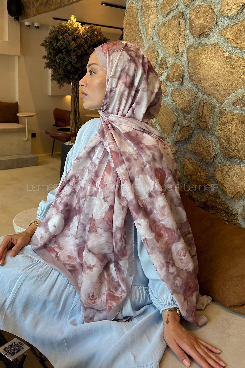 Lamelif  Botanik Çiçek Desen Lara Soft Şal Gül Kurusu