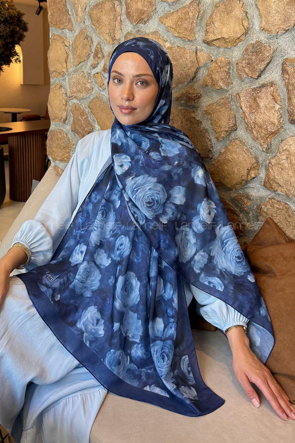 Lamelif  Botanik Çiçek Desen Lara Soft Şal Lacivert