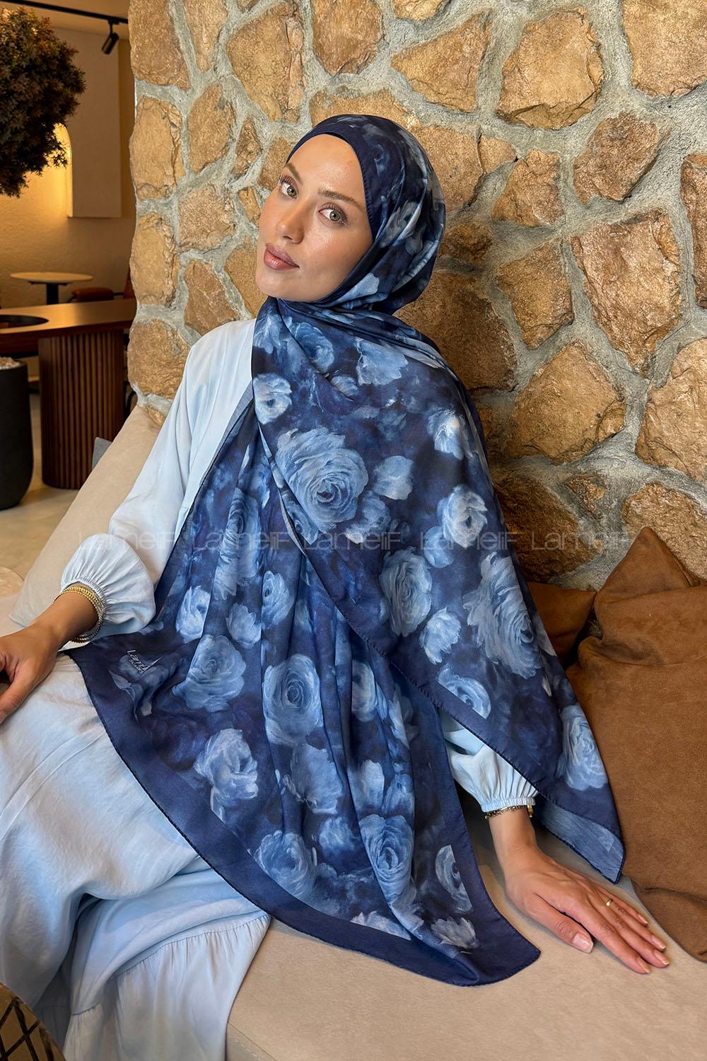 Lamelif  Botanik Çiçek Desen Lara Soft Şal Lacivert
