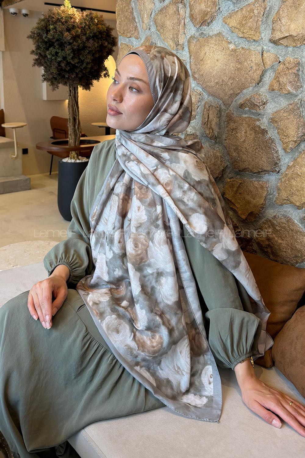 Lamelif  Botanik Çiçek Desen Lara Soft Şal Mint Yeşili