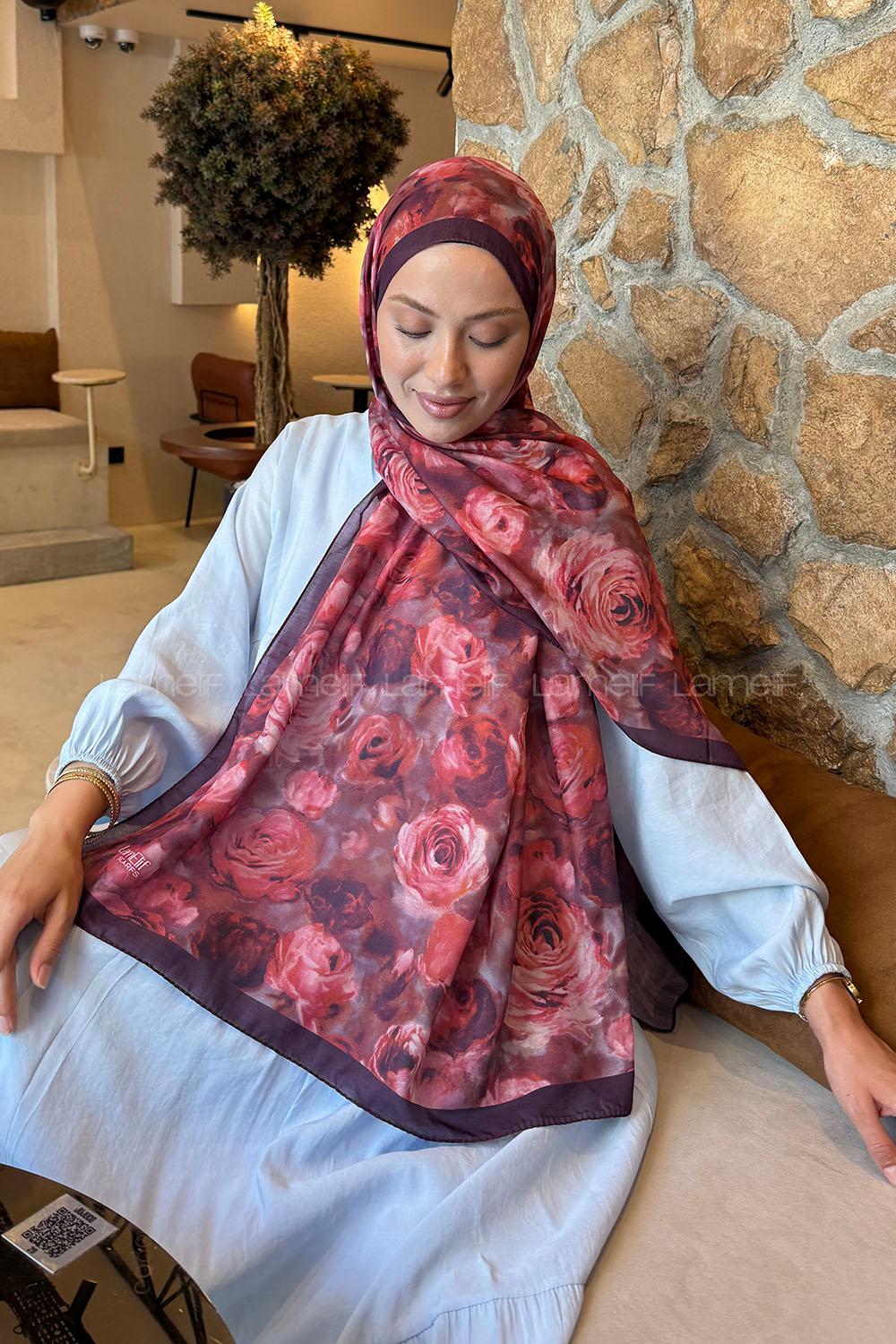 Lamelif  Botanik Çiçek Desen Lara Soft Şal Mürdüm