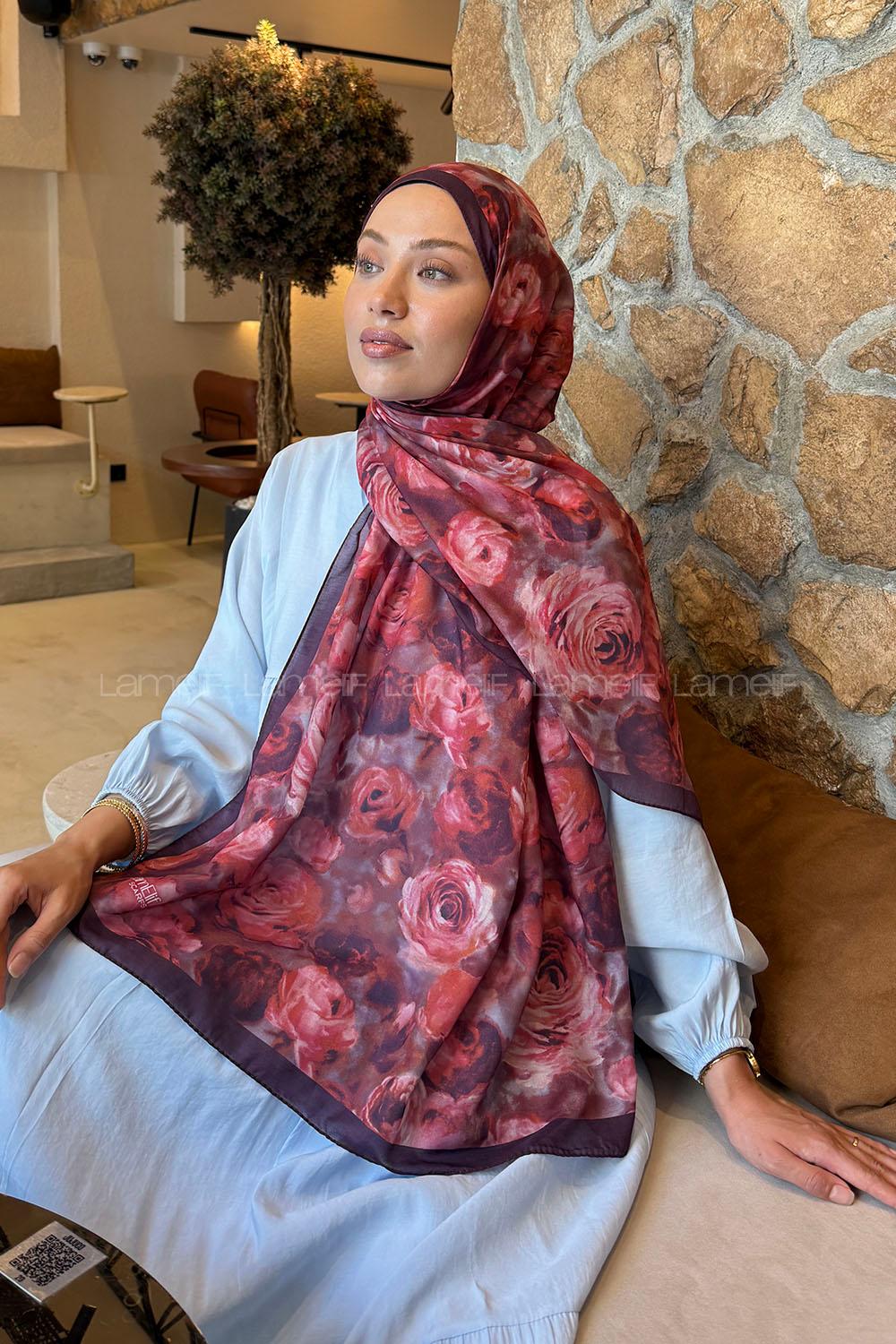 Lamelif  Botanik Çiçek Desen Lara Soft Şal Mürdüm