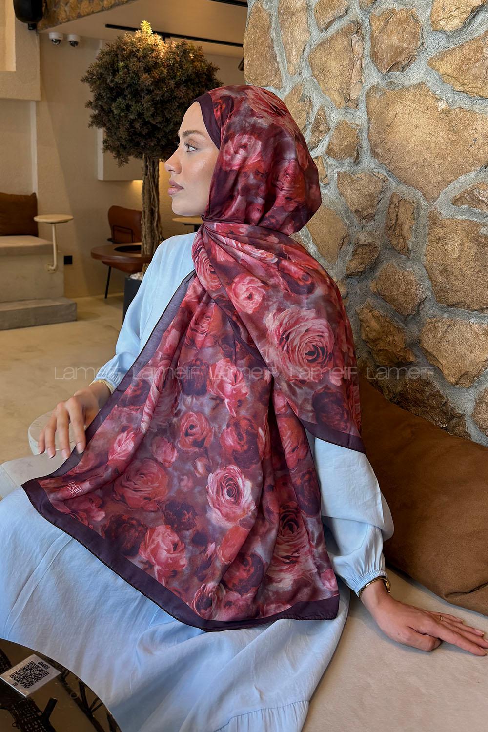 Lamelif  Botanik Çiçek Desen Lara Soft Şal Mürdüm