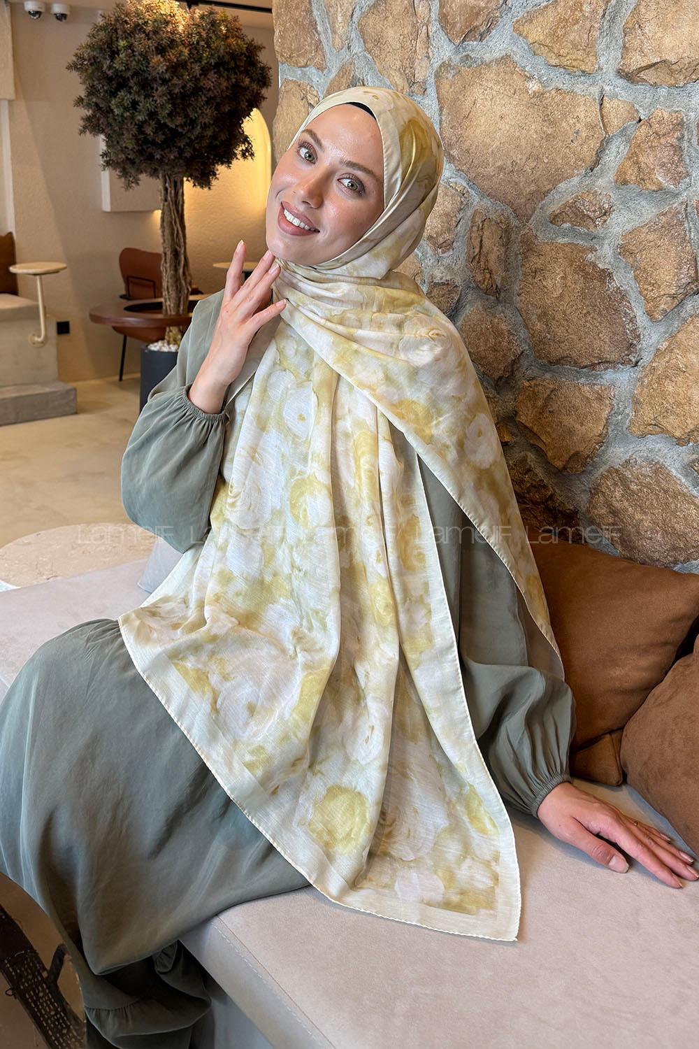 Lamelif  Botanik Çiçek Desen Lara Soft Şal Sarı