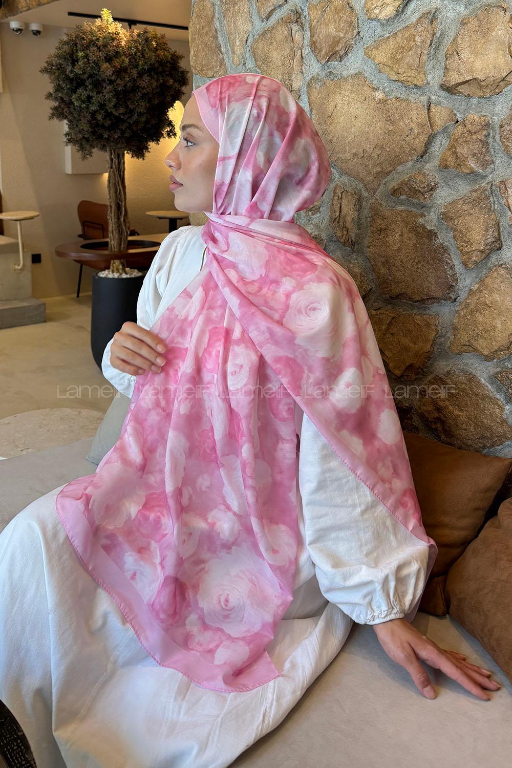 Lamelif  Botanik Çiçek Desen Lara Soft Şal Seker Pembe
