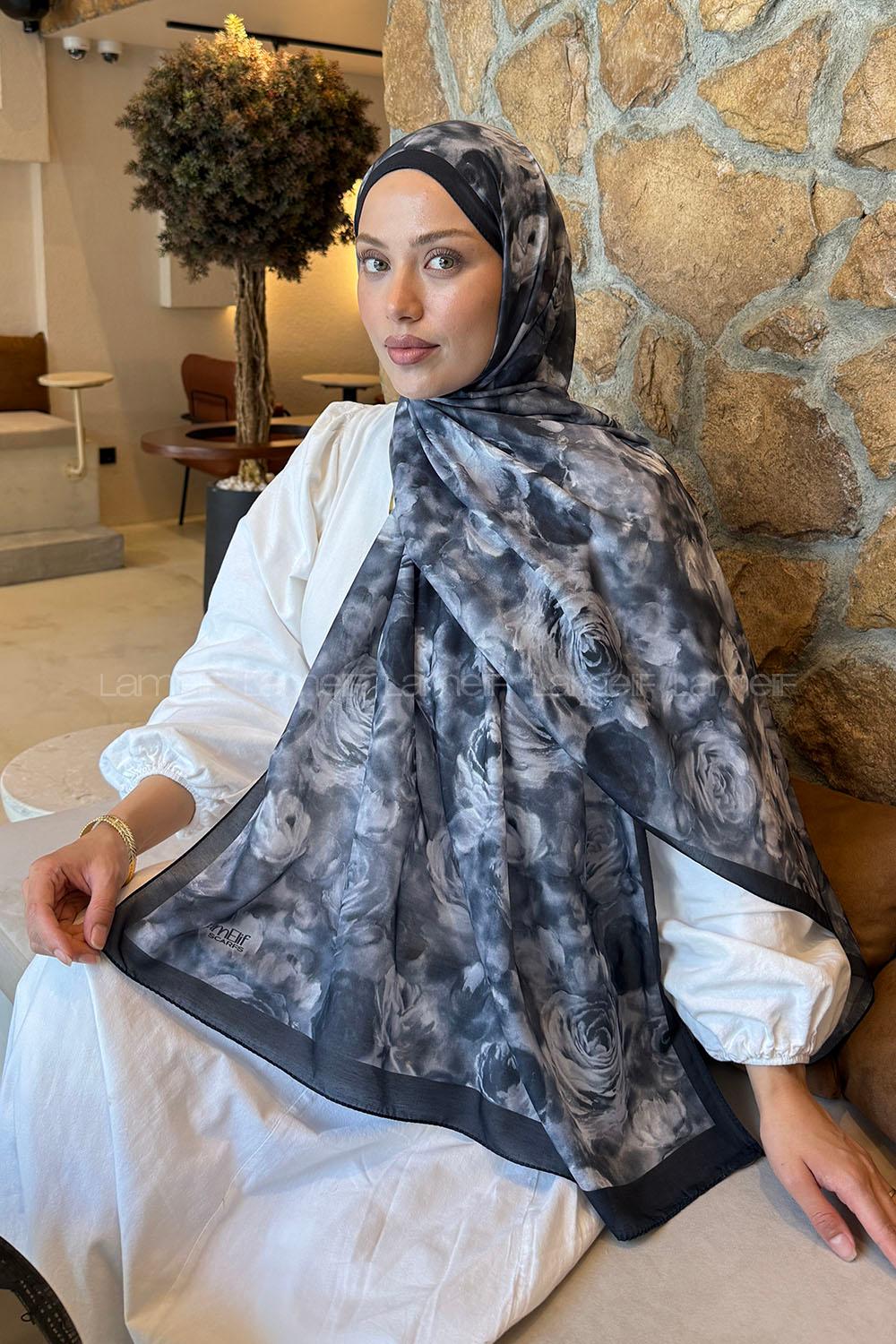Lamelif  Botanik Çiçek Desen Lara Soft Şal Siyah
