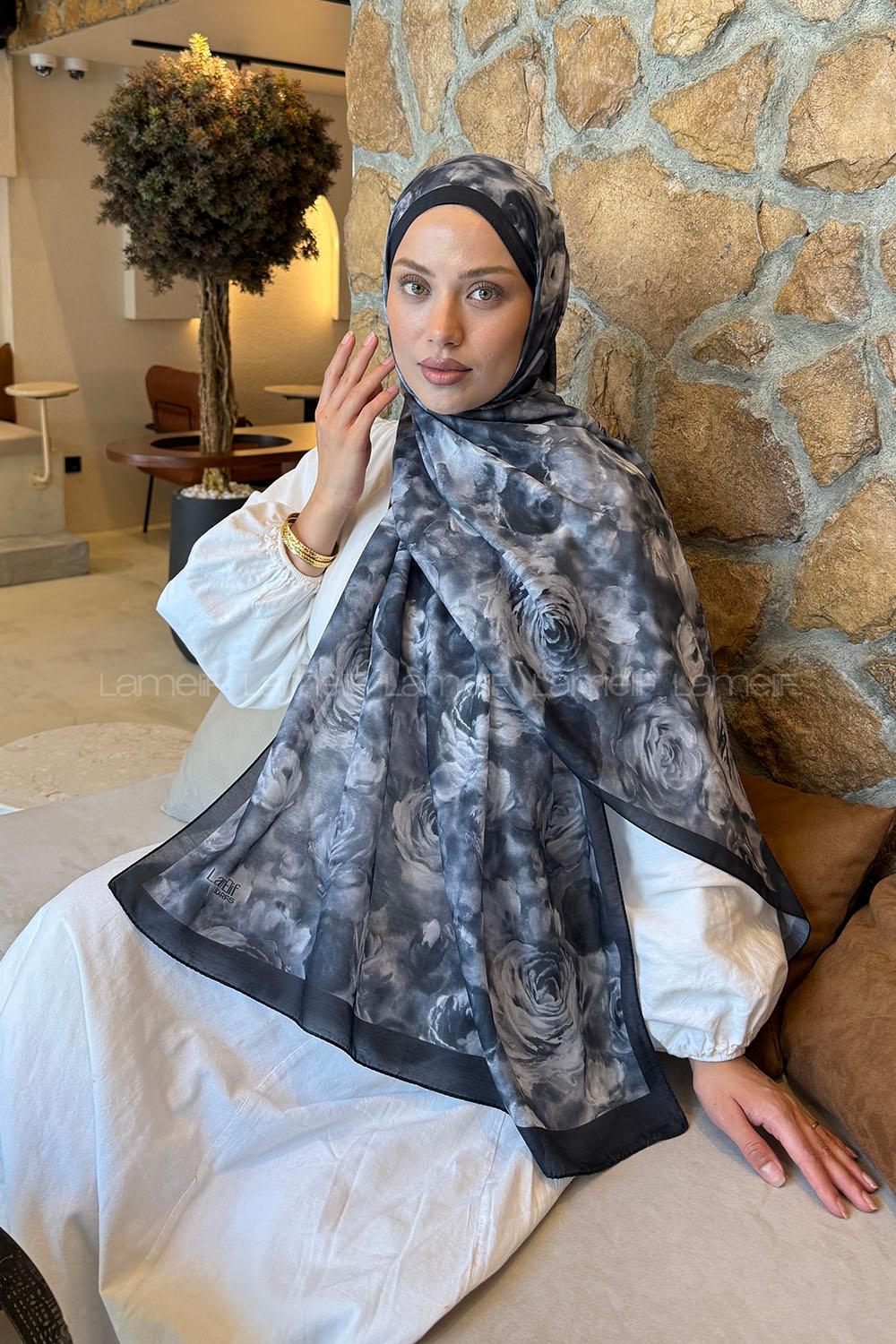 Lamelif  Botanik Çiçek Desen Lara Soft Şal Siyah