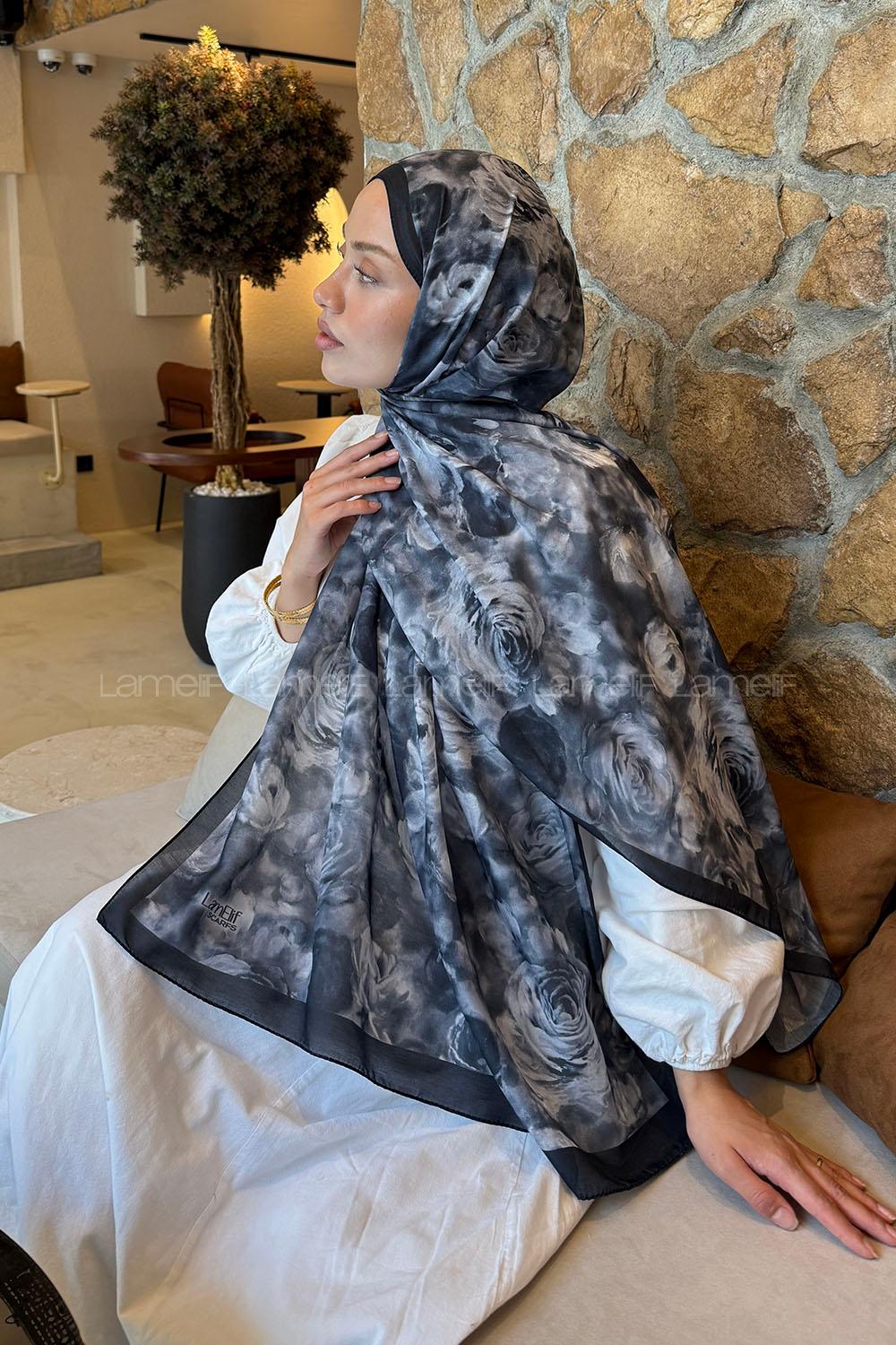 Lamelif  Botanik Çiçek Desen Lara Soft Şal Siyah