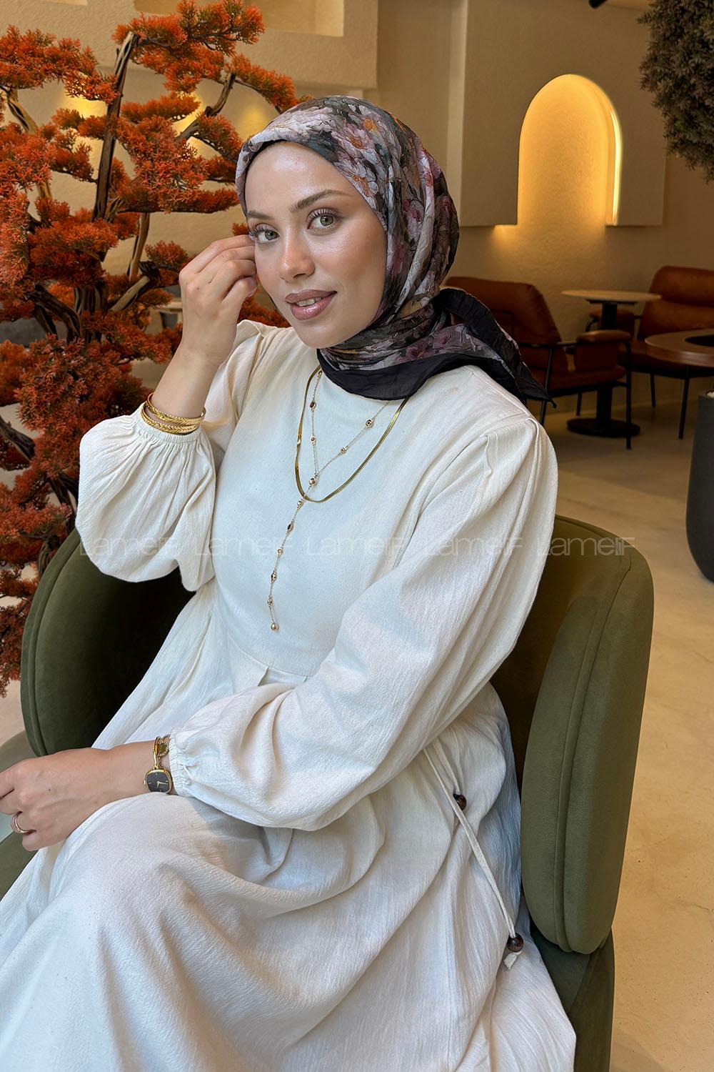 Lamelif Çiçek Desen Bambu Eşarp Gül Kurusu