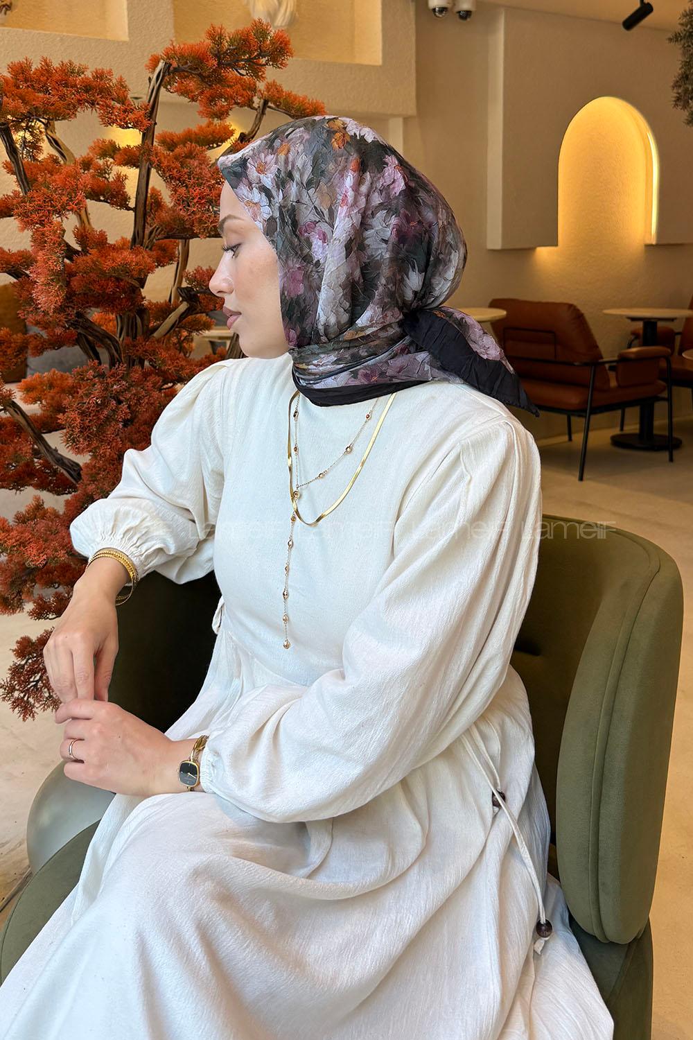 Lamelif Çiçek Desen Bambu Eşarp Gül Kurusu