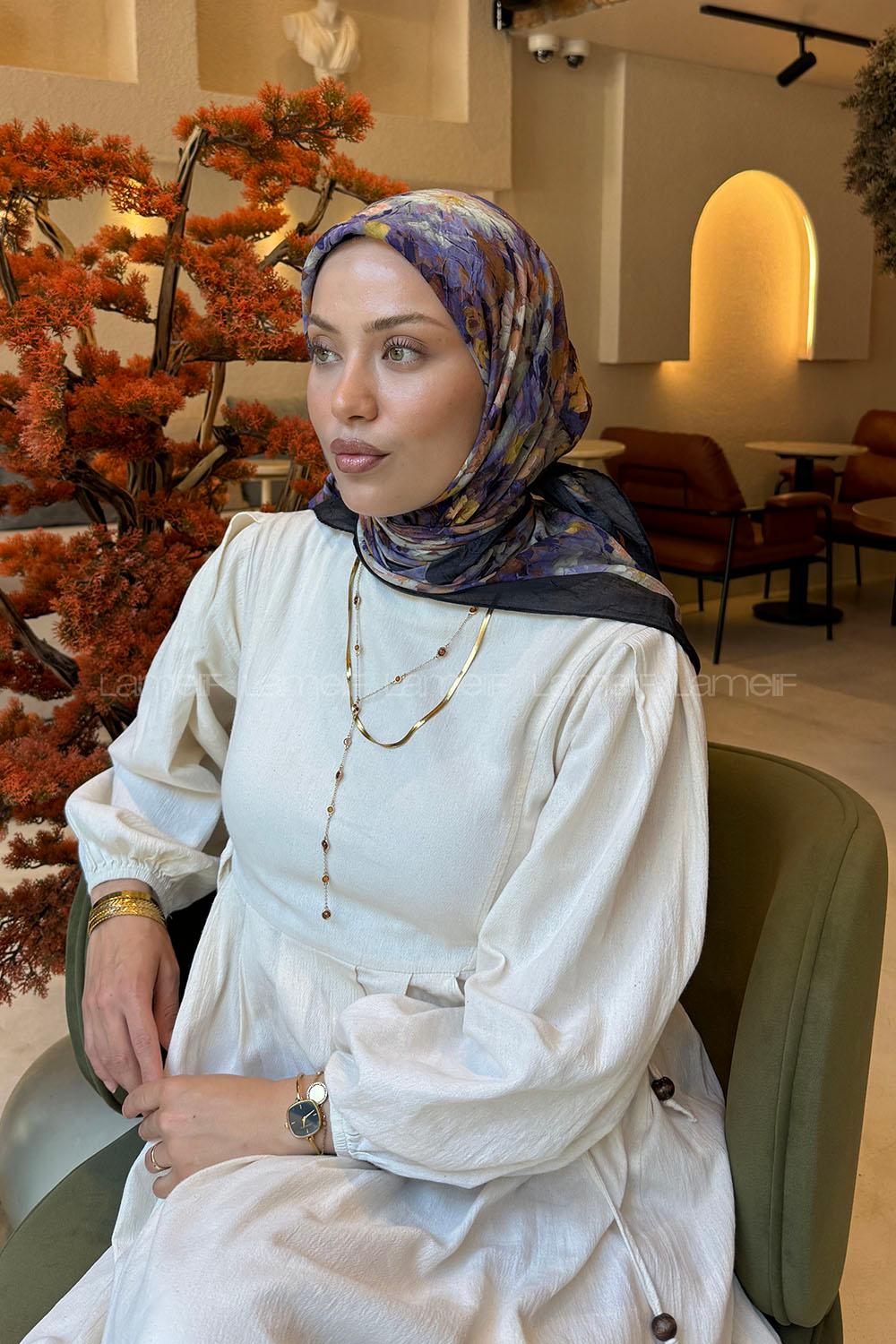 Lamelif Çiçek Desen Bambu Eşarp Lavanta