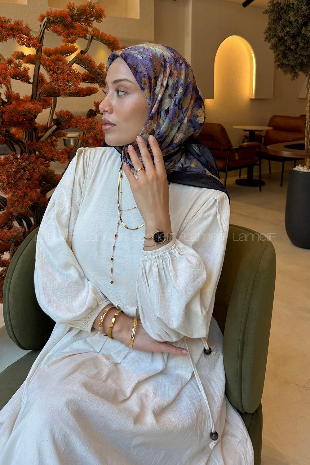 Lamelif Çiçek Desen Bambu Eşarp Lavanta