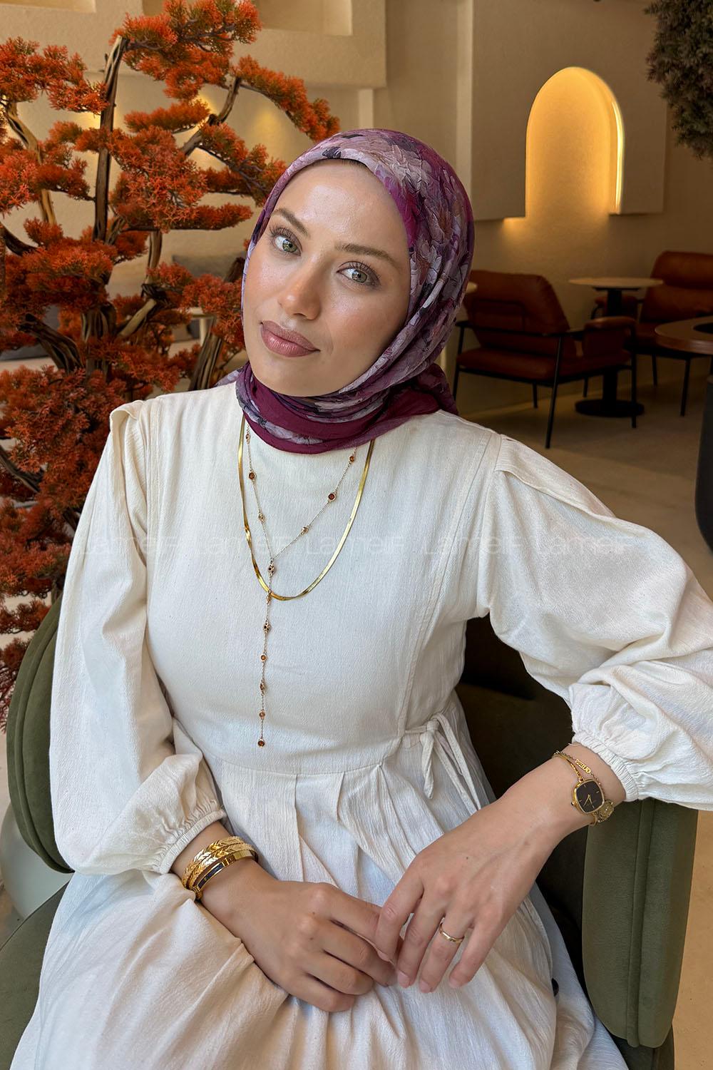 Lamelif Çiçek Desen Bambu Eşarp Mürdüm