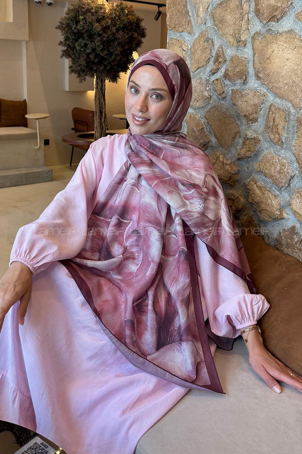 Lamelif Çiçek Desen Lara Soft Şal Bordo