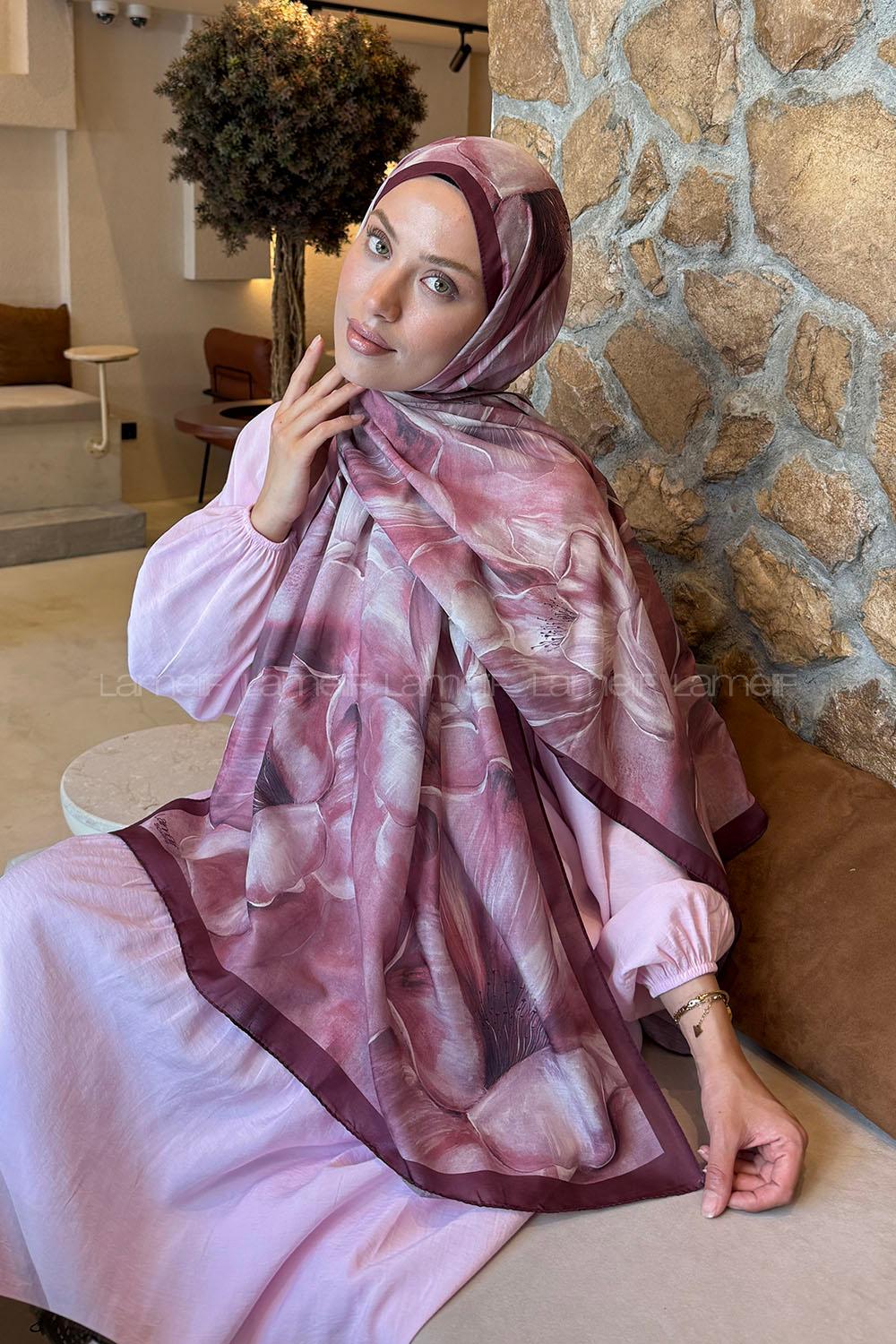 Lamelif Çiçek Desen Lara Soft Şal Bordo