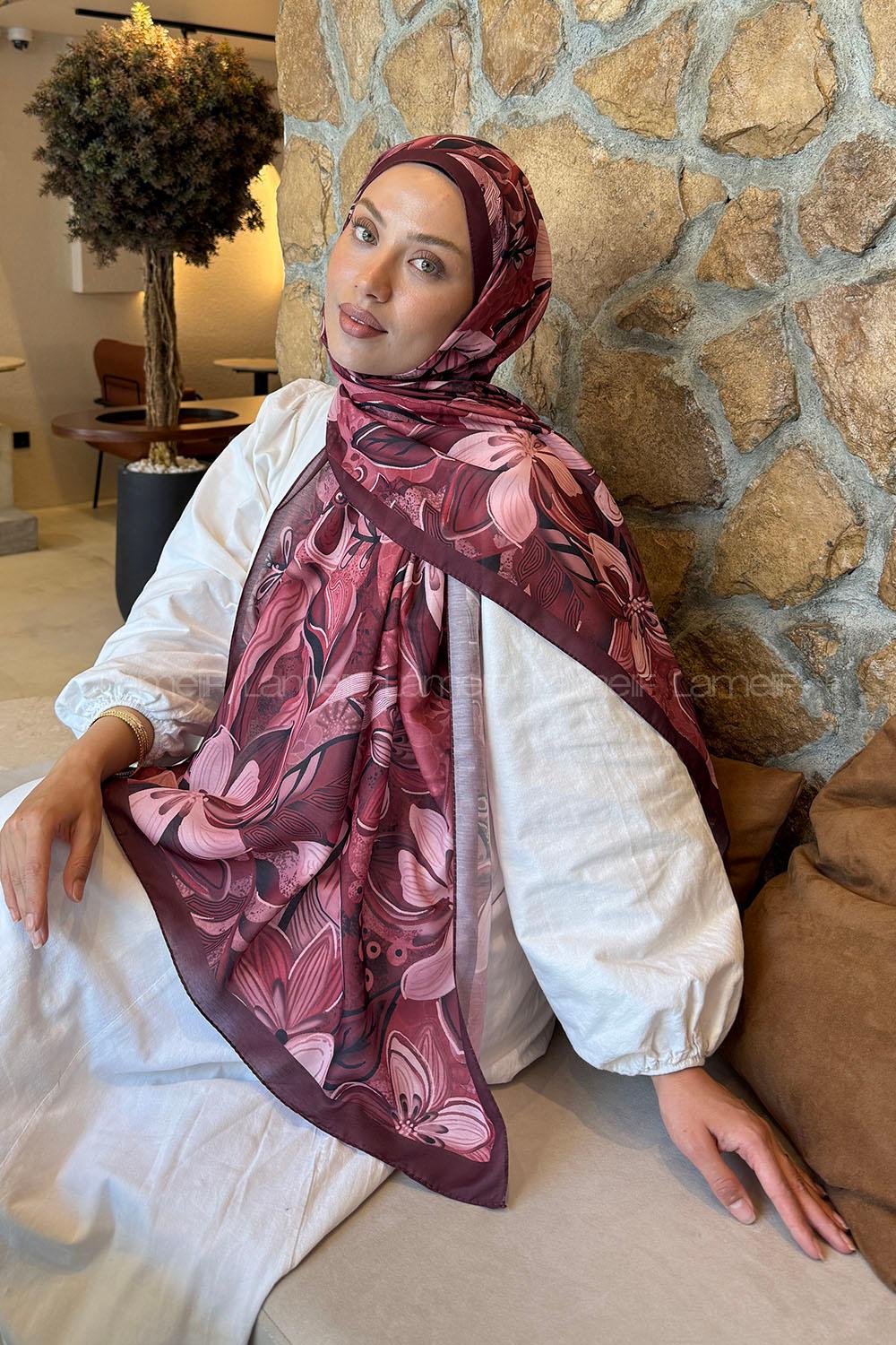 Lamelif Çiçek Desen Lara Soft Şal Bordo