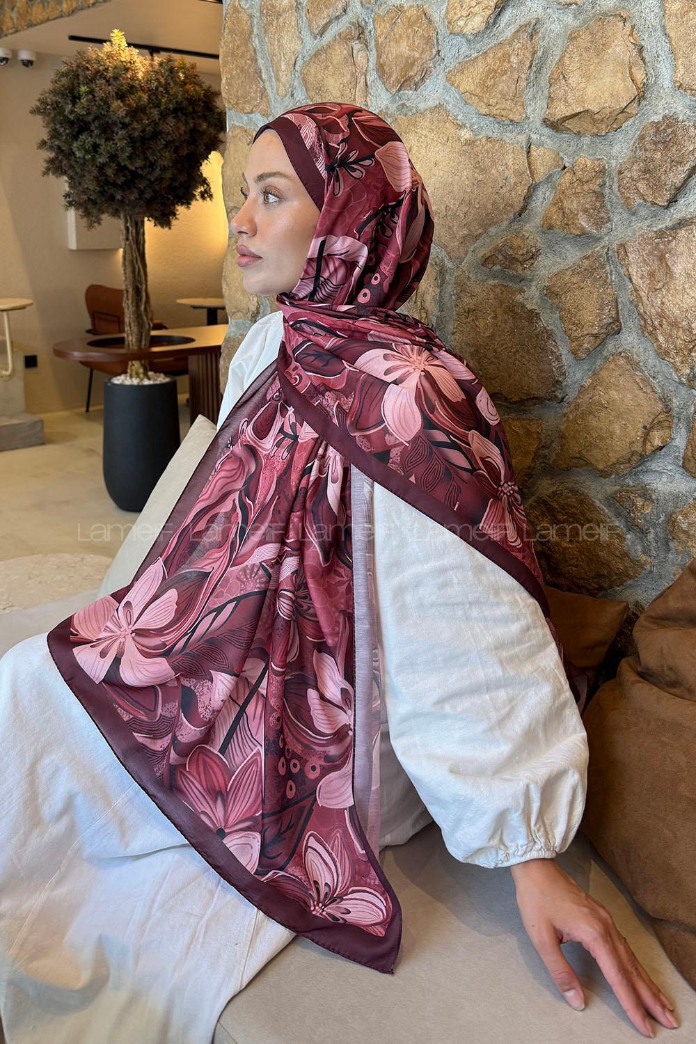 Lamelif Çiçek Desen Lara Soft Şal Bordo