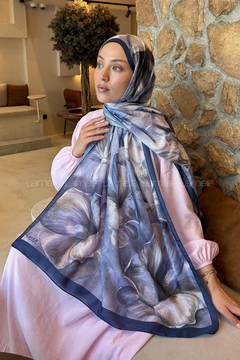 Lamelif Çiçek Desen Lara Soft Şal Lacivert