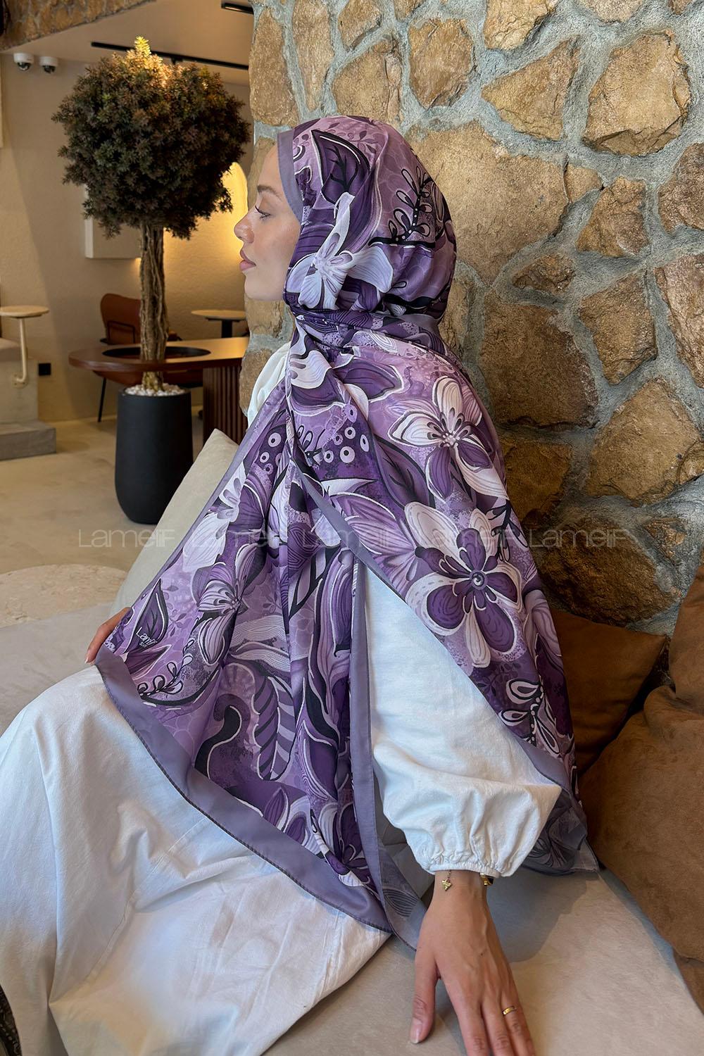 Lamelif Çiçek Desen Lara Soft Şal Lila