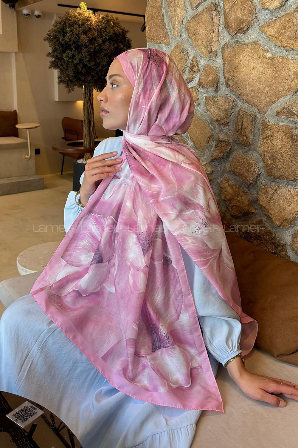 Lamelif Çiçek Desen Lara Soft Şal Şeker Pembe