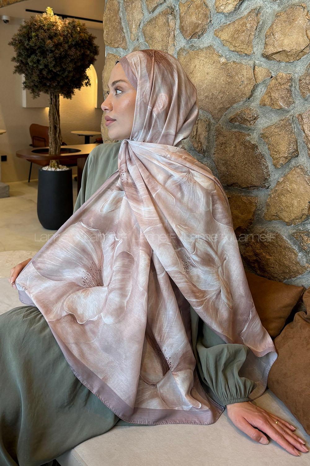 Lamelif Çiçek Desen Lara Soft Şal Sütlü Kahve