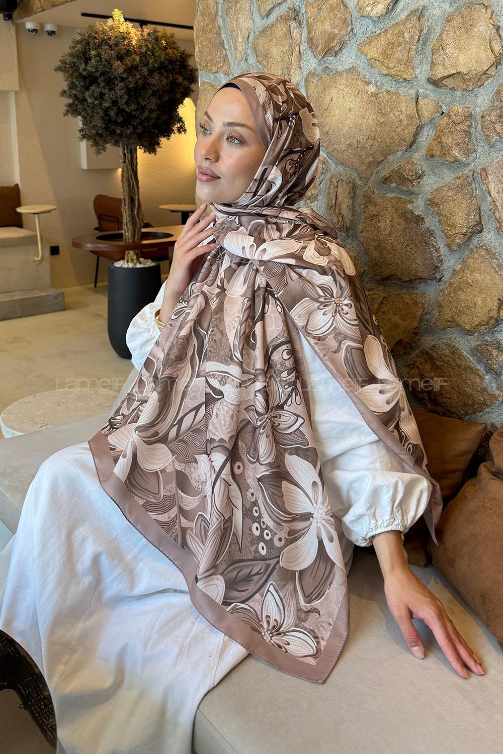 Lamelif Çiçek Desen Lara Soft Şal Sütlü Kahve