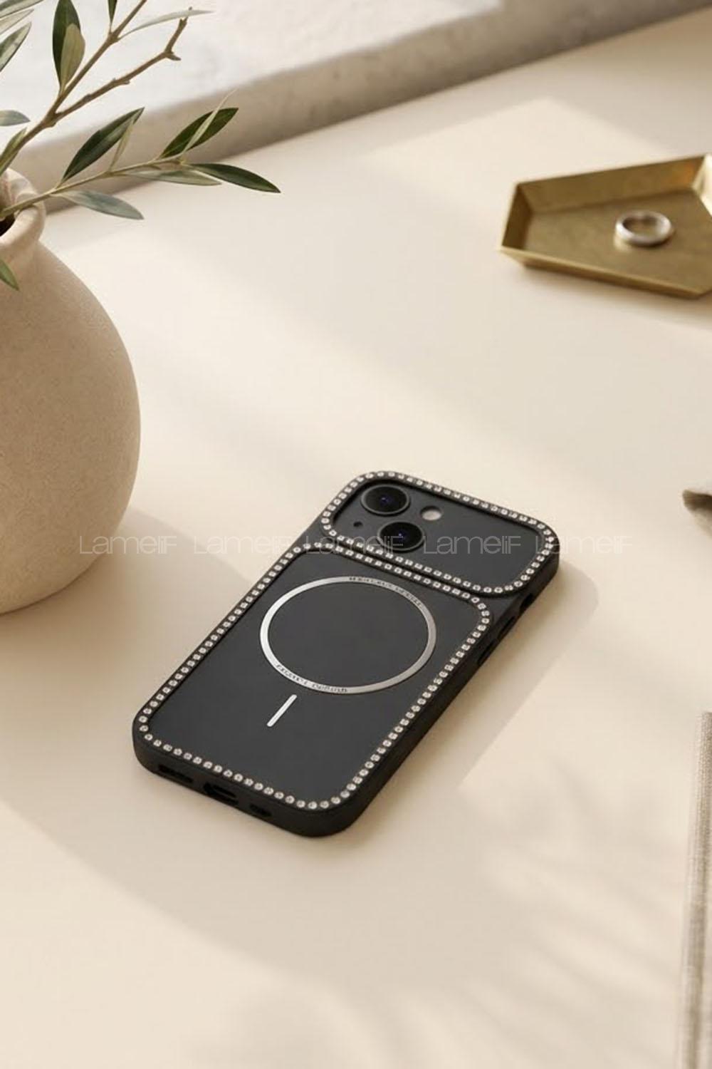 Lamelif iPhone 15 Elmas Taşlı Magsafe Telefon Kılıfı