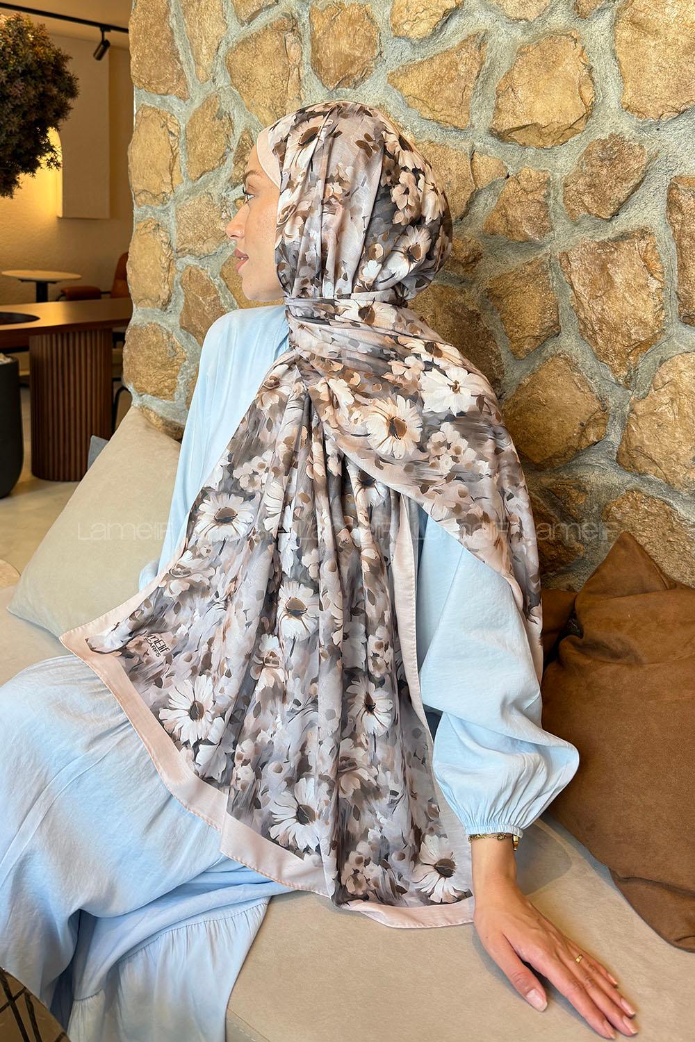 Lamelif Papatya Desen Lara Soft Şal Ekru