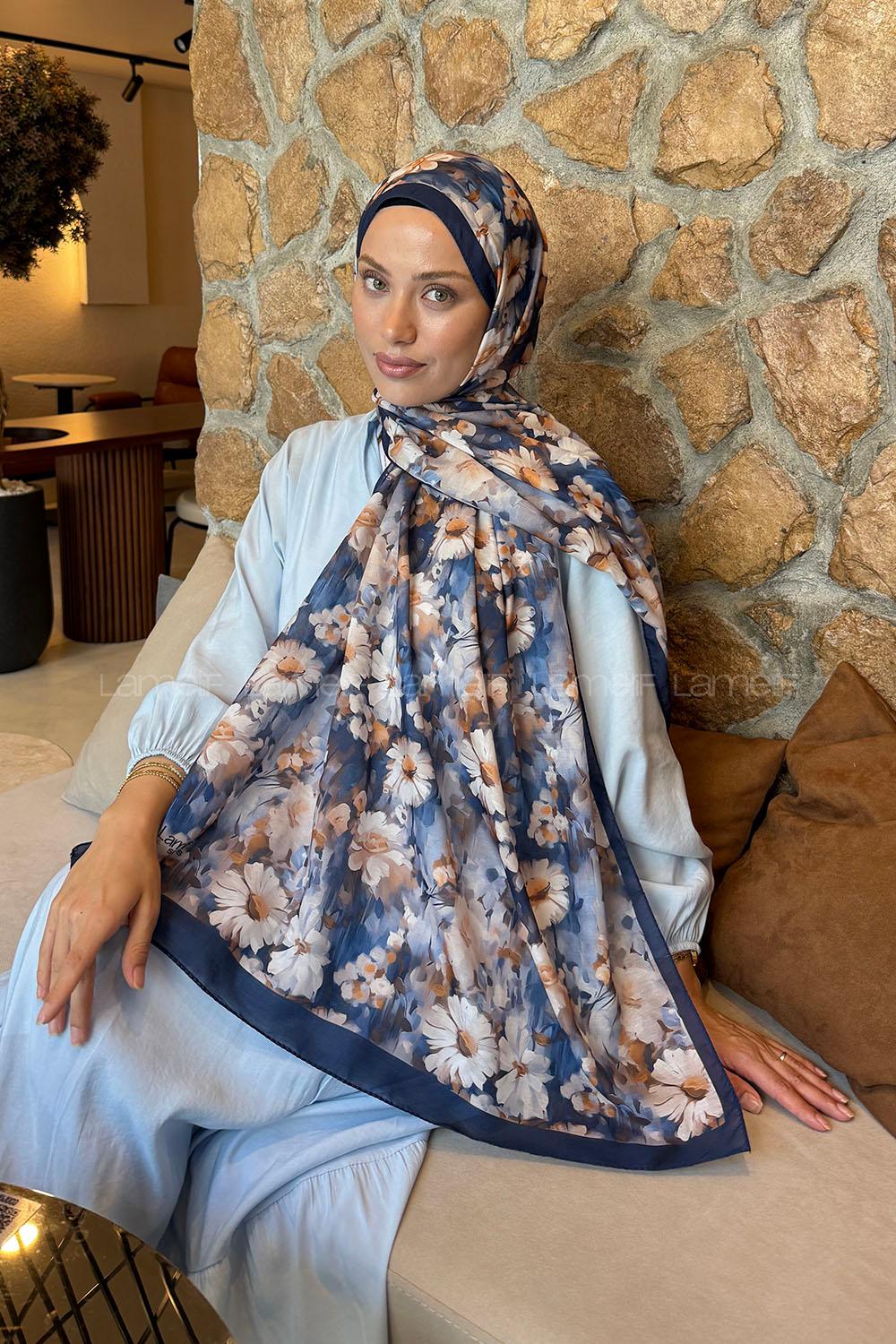 Lamelif Papatya Desen Lara Soft Şal Gece Mavisi