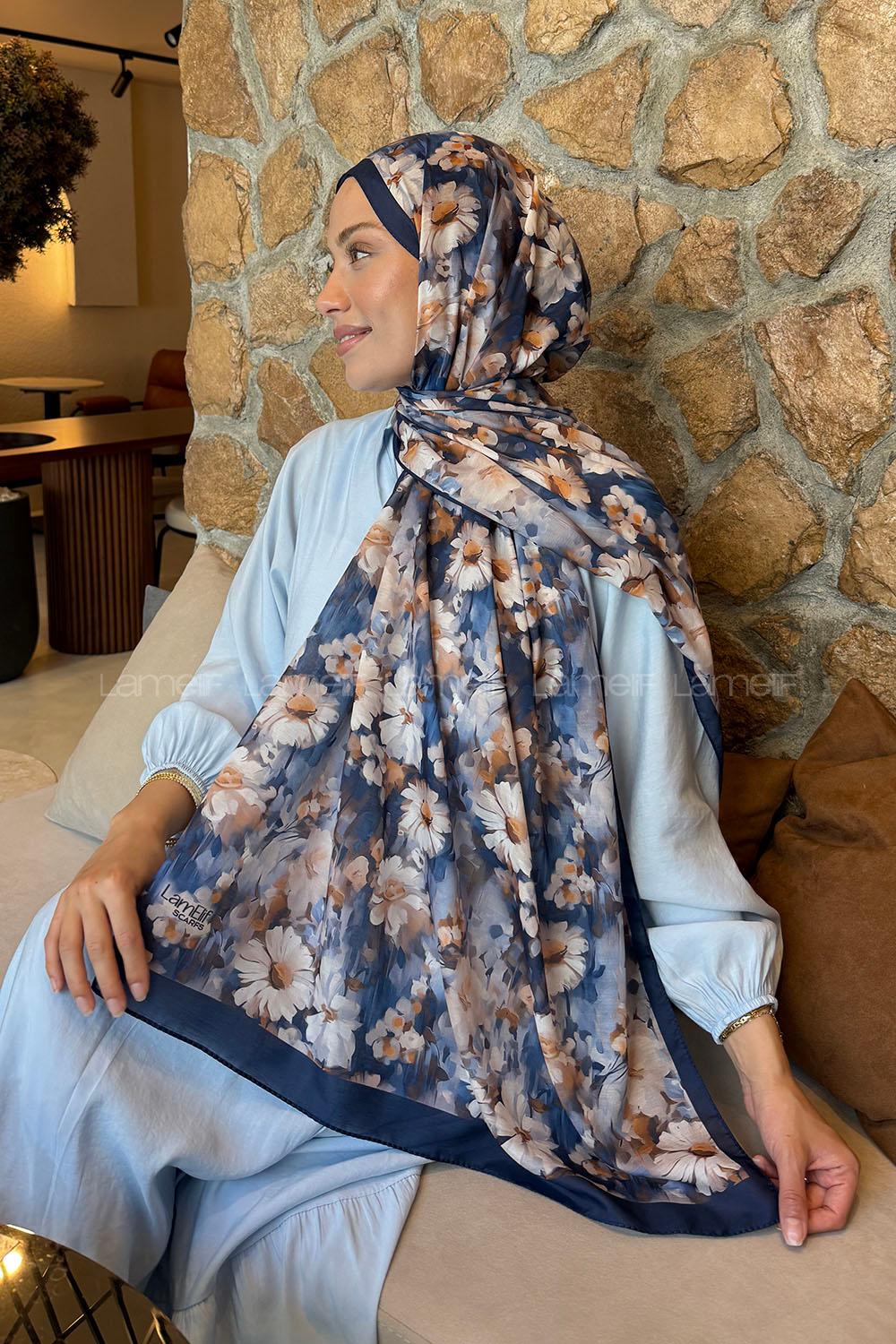 Lamelif Papatya Desen Lara Soft Şal Gece Mavisi