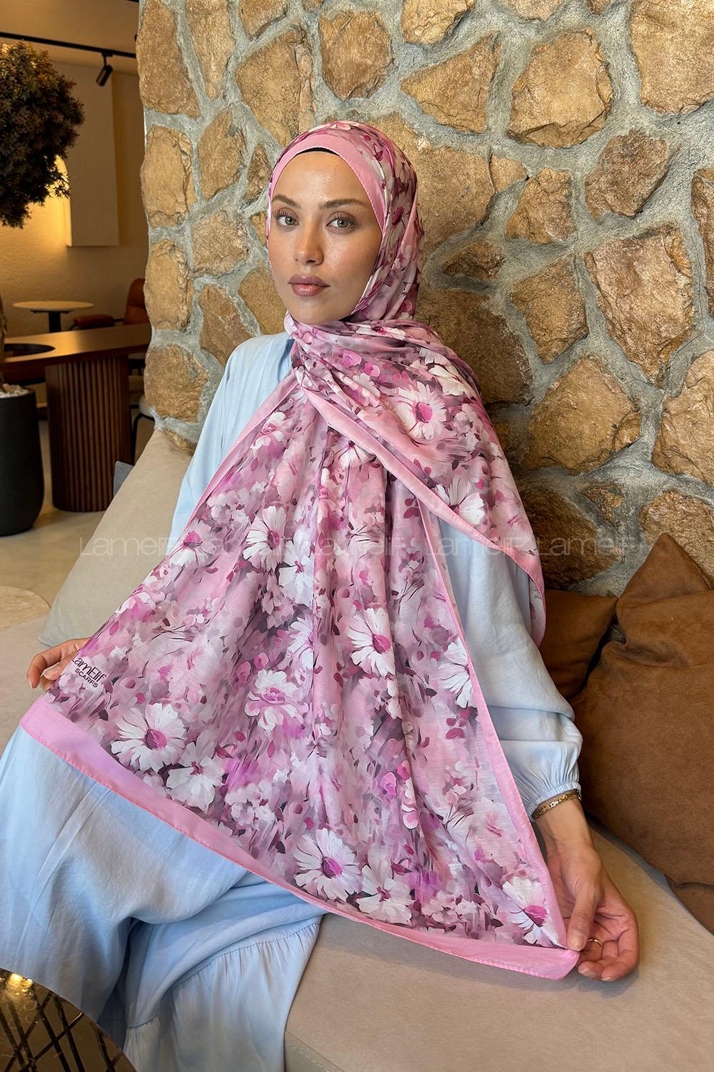 Lamelif Papatya Desen Lara Soft Şal Seker Pembe