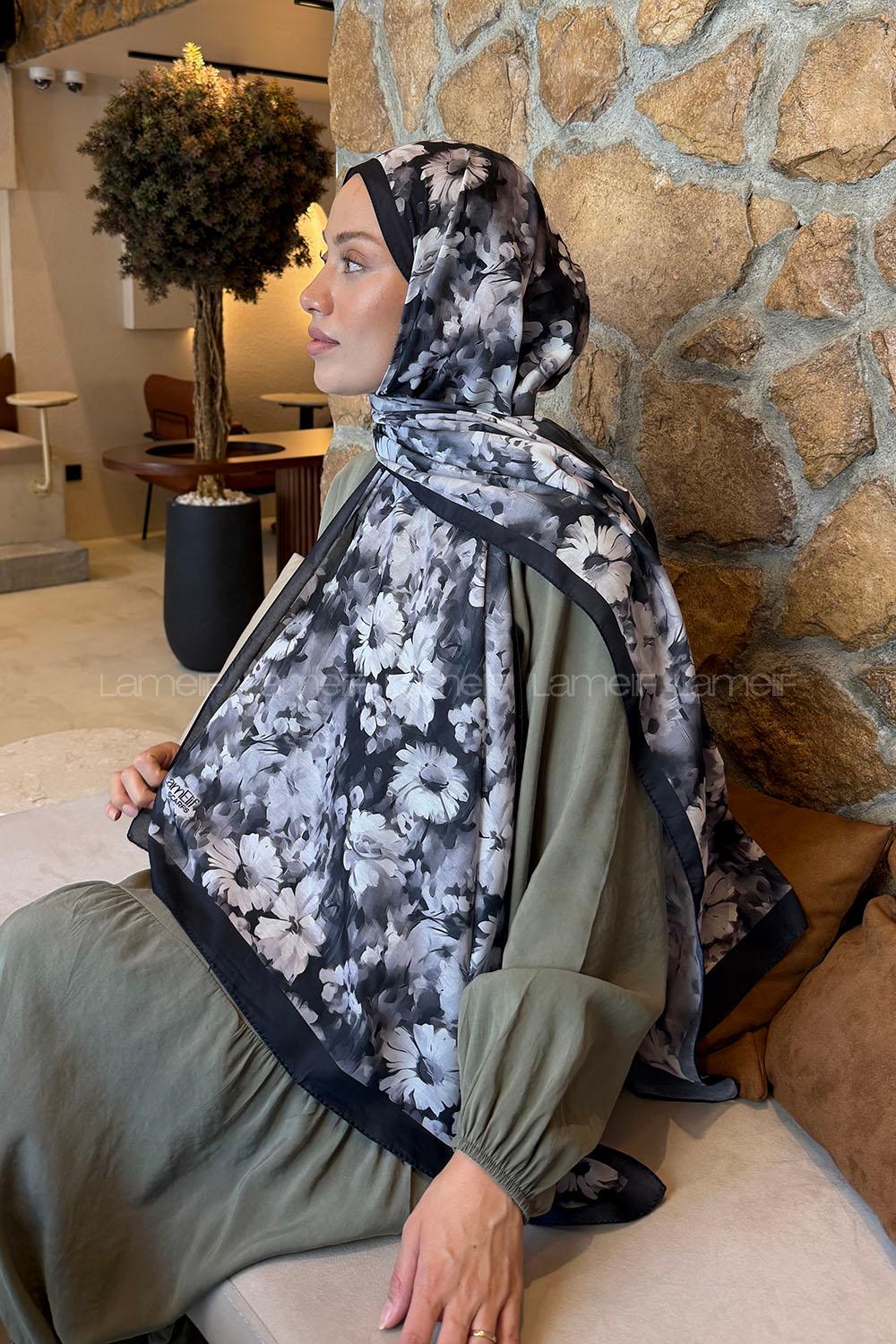 Lamelif Papatya Desen Lara Soft Şal Siyah